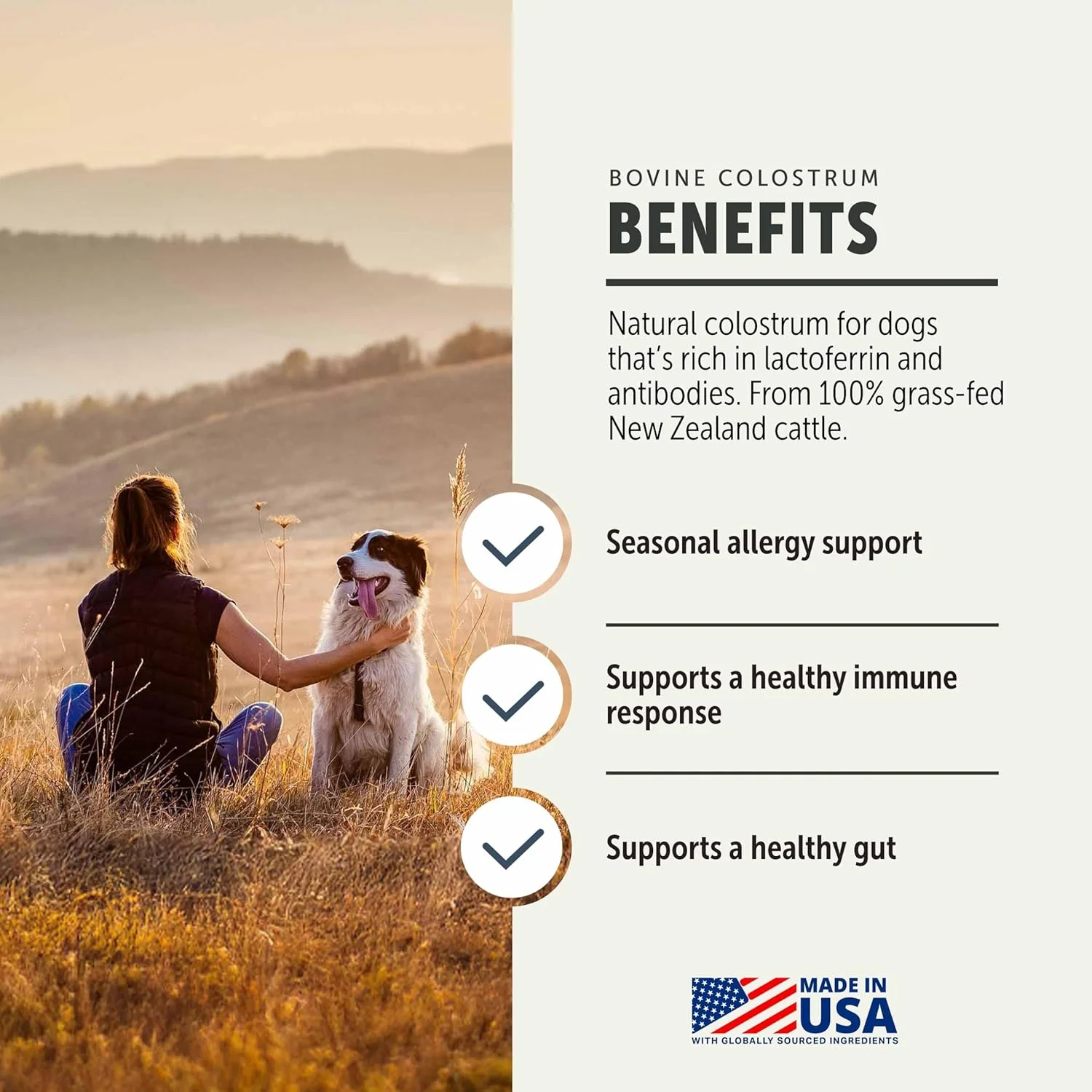 آغوز گاوی Four Leaf Rover برای سگ ها - تهیه شده از گاوهای 100% تغذیه شده با علف نیوزلند - برای سلامت پوست، روده و سیستم ایمنی - تامین 60 روزه برای سگ های بزرگ