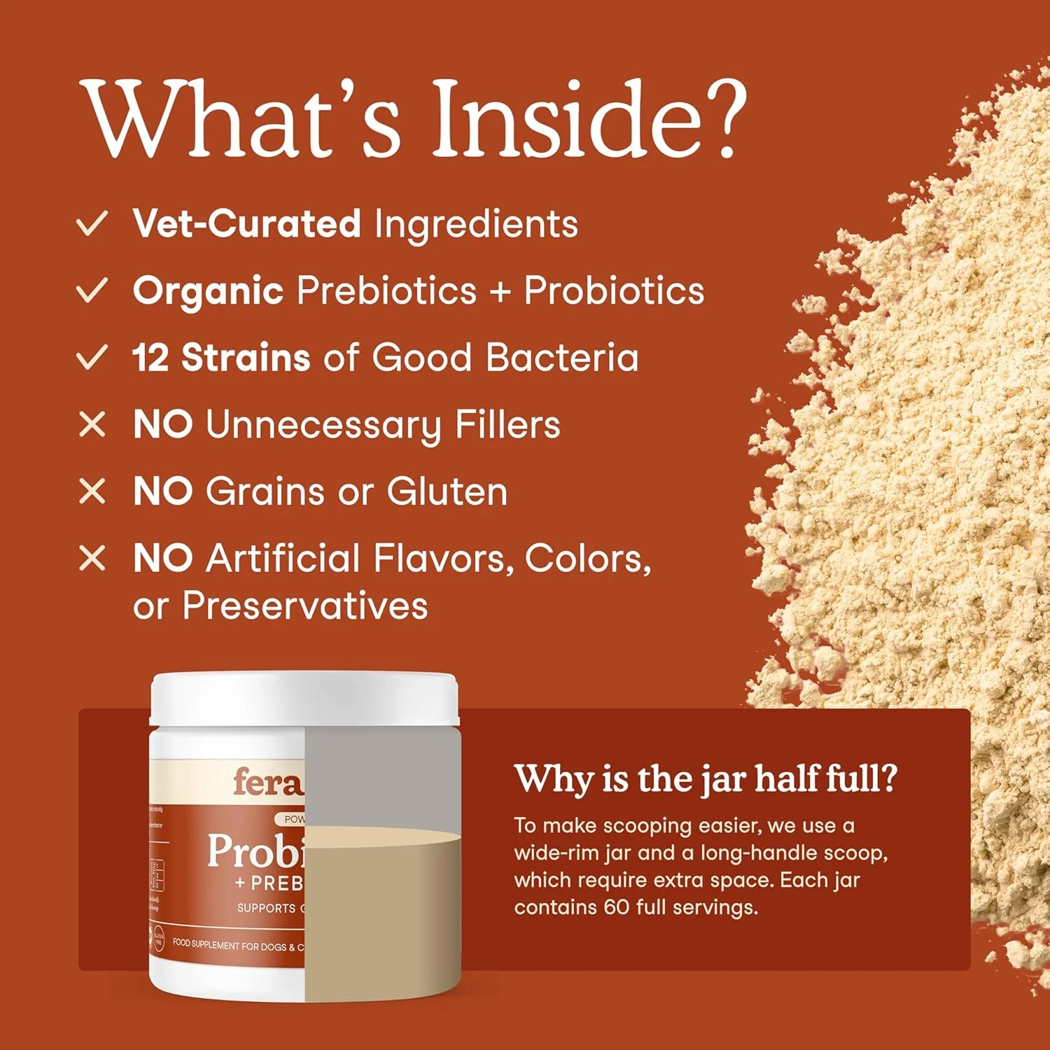 پروبیوتیک ارگانیک Fera Pet برای سگ ها و گربه ها - فرمول قوی و پیشرفته دامپزشکی - پودر پروبیوتیک کاملا طبیعی - ساخت آمریکا - 5 میلیارد CFU در هر پیمانه