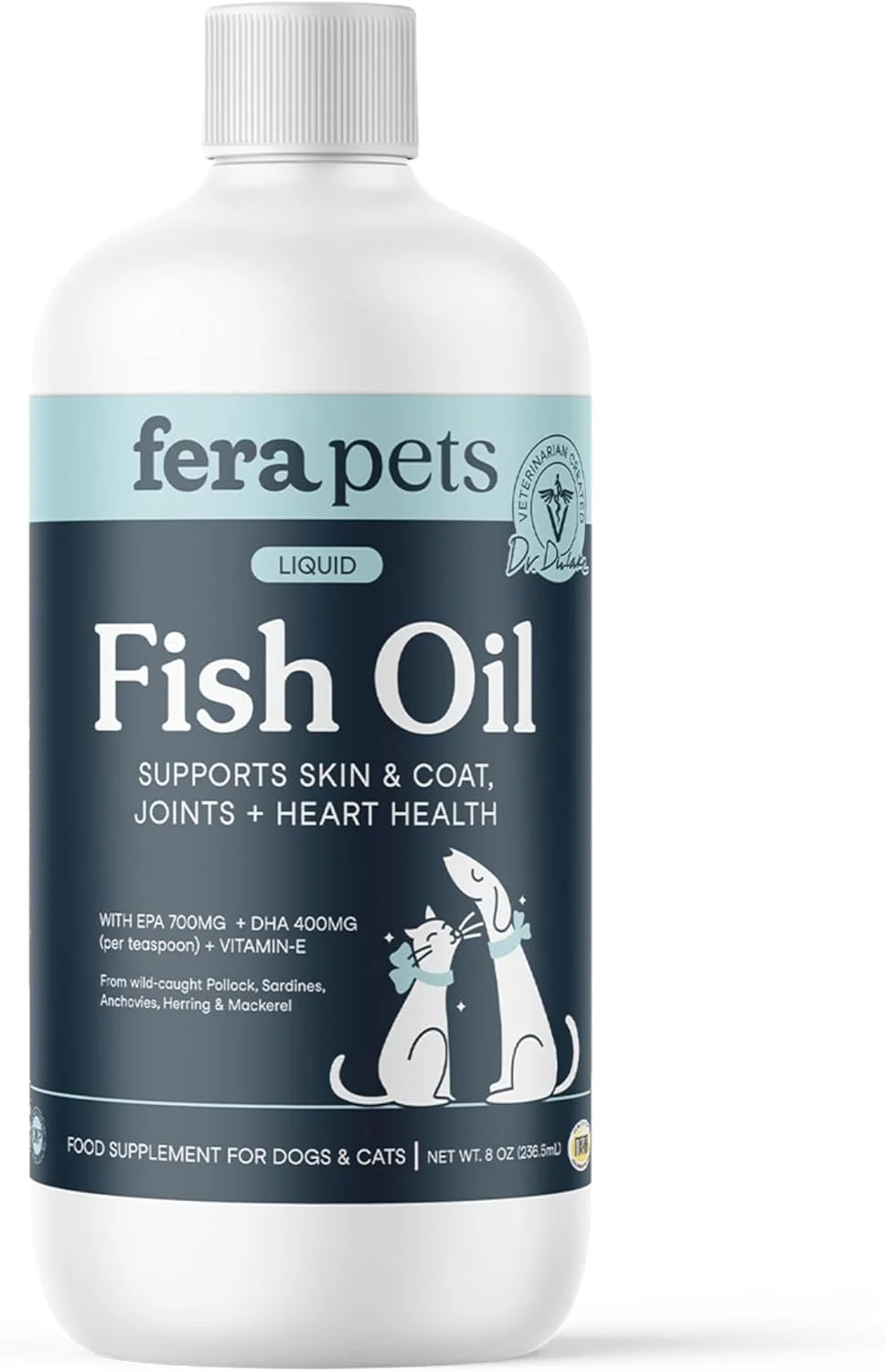 روغن ماهی مخصوص حیوانات خانگی Fera Pets - امگا 3 برای سگ ها و گربه ها برای حمایت از مفاصل، قلب، پوست و سلامت پوشش - غیر GMO با ویتامین E - 236 میلی لیتر