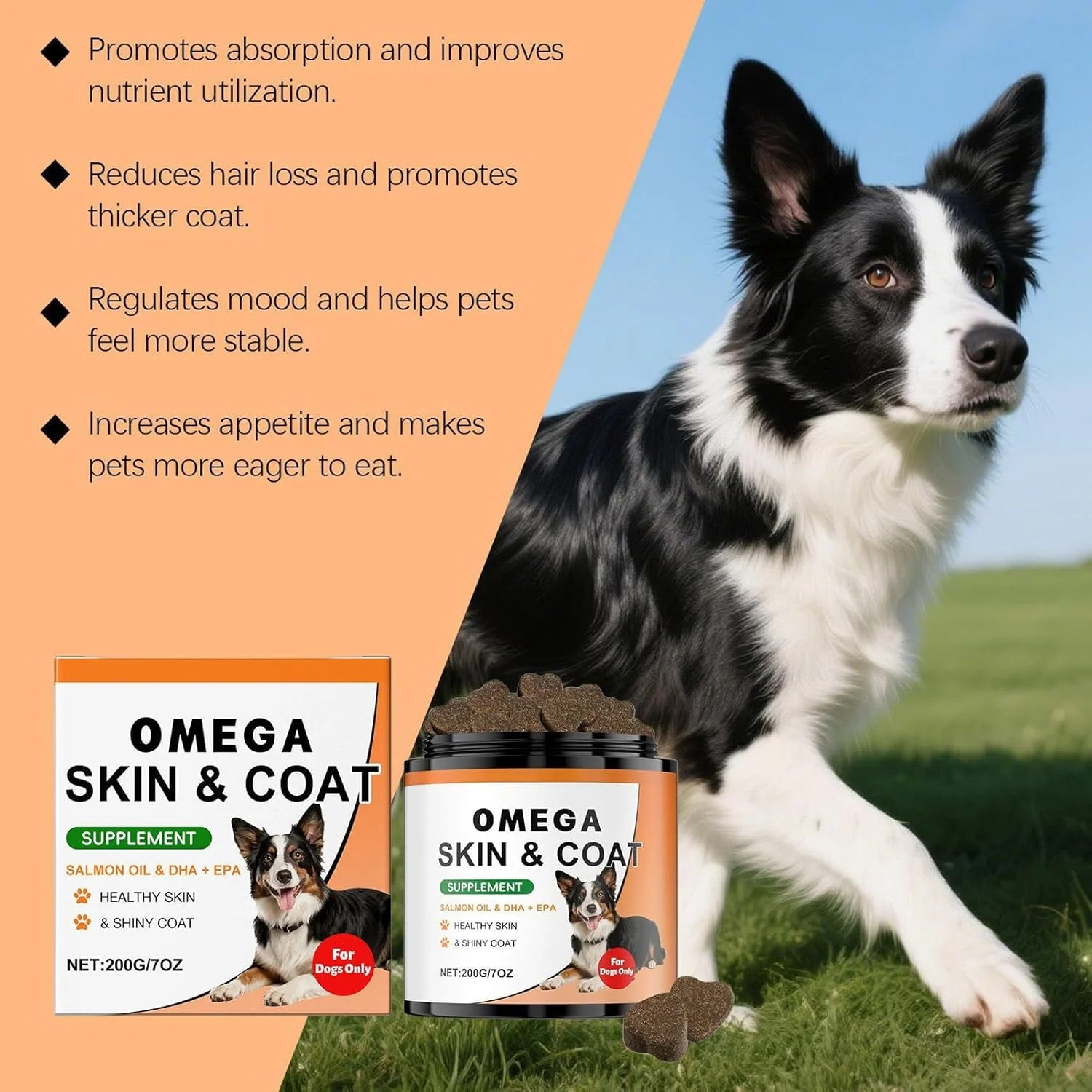 مکمل پوست و مو سگ - 200 گرم تقویت کننده تسکین خارش پوست سگ | مکمل آراستگی مو، برای ریزش مو مراقبت روزانه توله سگ نژادهای کوچک و بزرگ خانگی و فضای باز