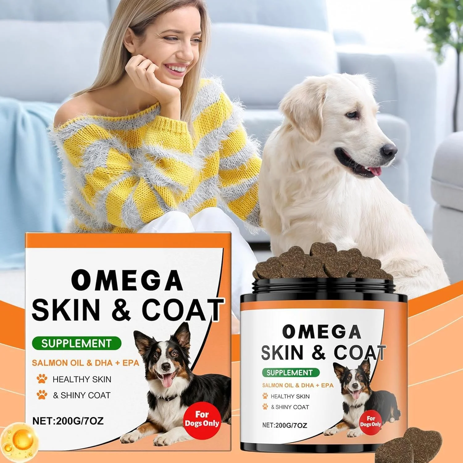 مکمل پوست سگ، 200 گرم تقویت کننده پوست و مو | قرص های جویدنی ضخیم کننده موی حیوانات خانگی، برای ریزش مو، مراقبت روزانه توله سگ، نژادهای کوچک و بزرگ، مناسب منزل و فضای باز