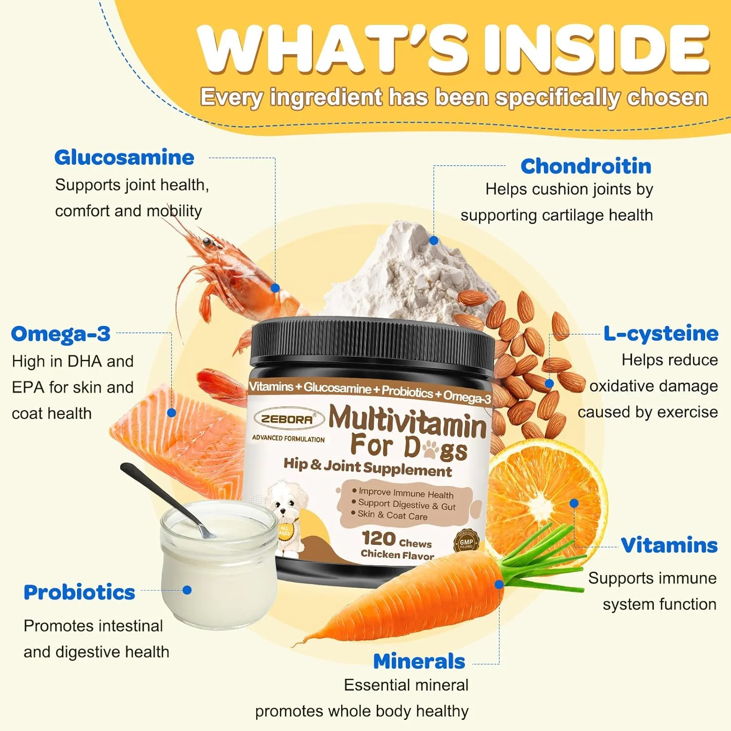 مولتی ویتامین سگ همراه با پروبیوتیک - ویتامین ها و مکمل های سگ - مولتی ویتامین برای سگ ها با گلوکزامین، امگا 3 و پروبیوتیک برای سلامت دستگاه گوارش، ایمنی، مفاصل، لگن، پوست و پوشش سگ