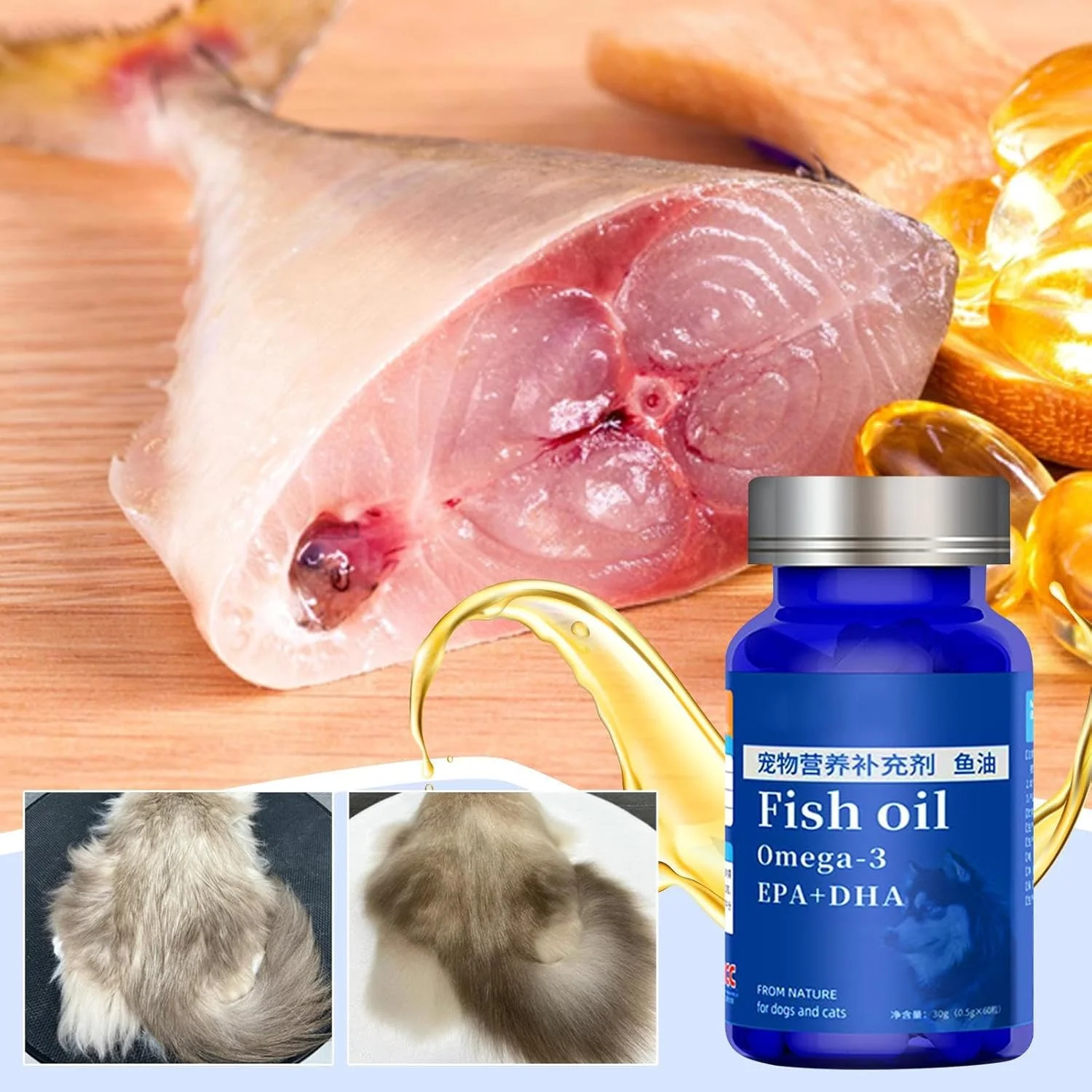 روغن ماهی سگ - روغن ماهی برای پوست و موی سگ، تقویت کننده طبیعی غذای گربه، سلامت مفاصل، زیبایی پنجه ها، نقاط داغ، ریزش مو، جلوگیری از ریزش مو، لوازم حیوانات خانگی