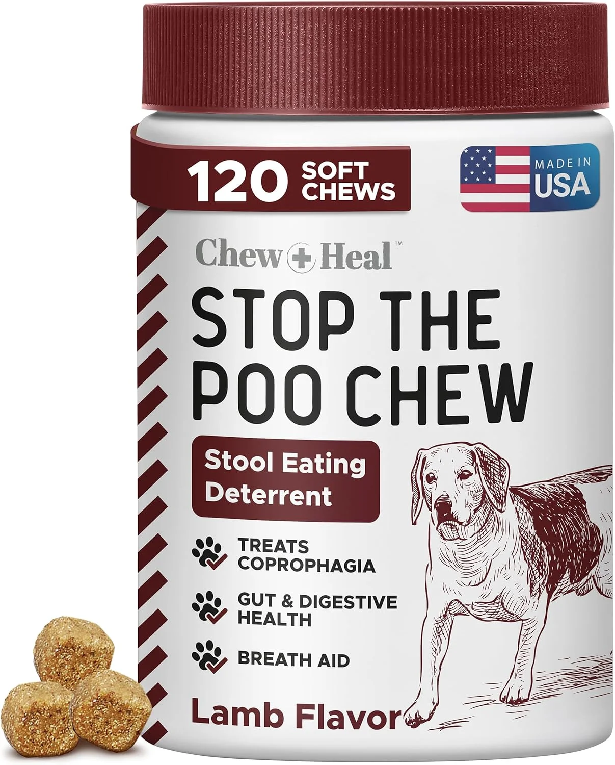 قرص های جویدنی ضد مدفوع خواری سگ، 120 عدد، طعم بره - درمان مدفوع خواری سگ، بازدارنده خوردن مدفوع - درمان بوی بد دهان و تقویت سلامت روده - ساخت آمریکا