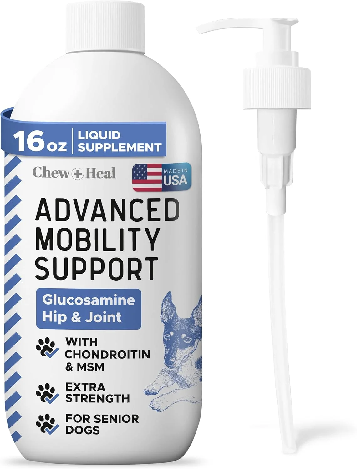 گلوکوزامین مایع Chew + Heal Labs برای سگ ها، مکمل مفصل و لگن - 473 میلی لیتر با طعم بیکن، پشتیبانی پیشرفته از تحرک - ساخته شده با گلوکوزامین، کندرویتین، MSM، زردچوبه و صدف لب سبز