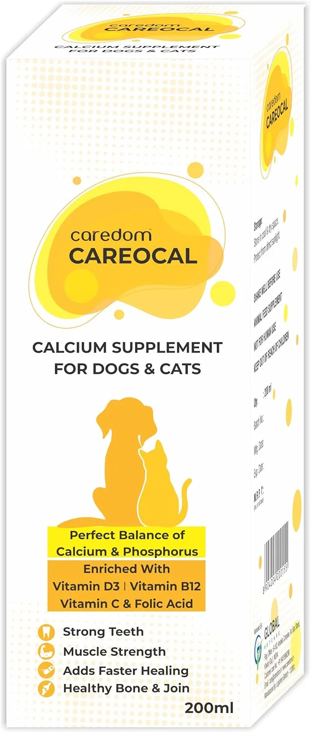 CAREOCAL | شربت کلسیم برای سگ و گربه | غنی شده با کلسیم، فسفر، ویتامین D3، B12، C و اسید فولیک | استخوان ها و مفاصل سالم | دندان های قوی (200 میلی لیتر)