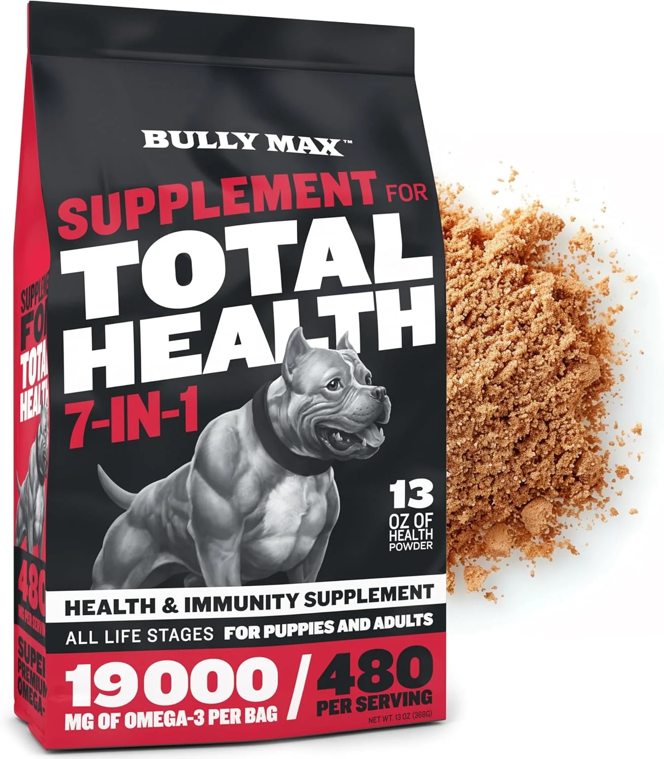 پودر ویتامین سگ Bully Max Total Health | مکمل امگا 3 برای سگ های بالغ و توله سگ | پودر سلامتی و ایمنی 7 در 1 | عضله ساز سری Performance برای همه نژادها | کیسه 13 اونسی