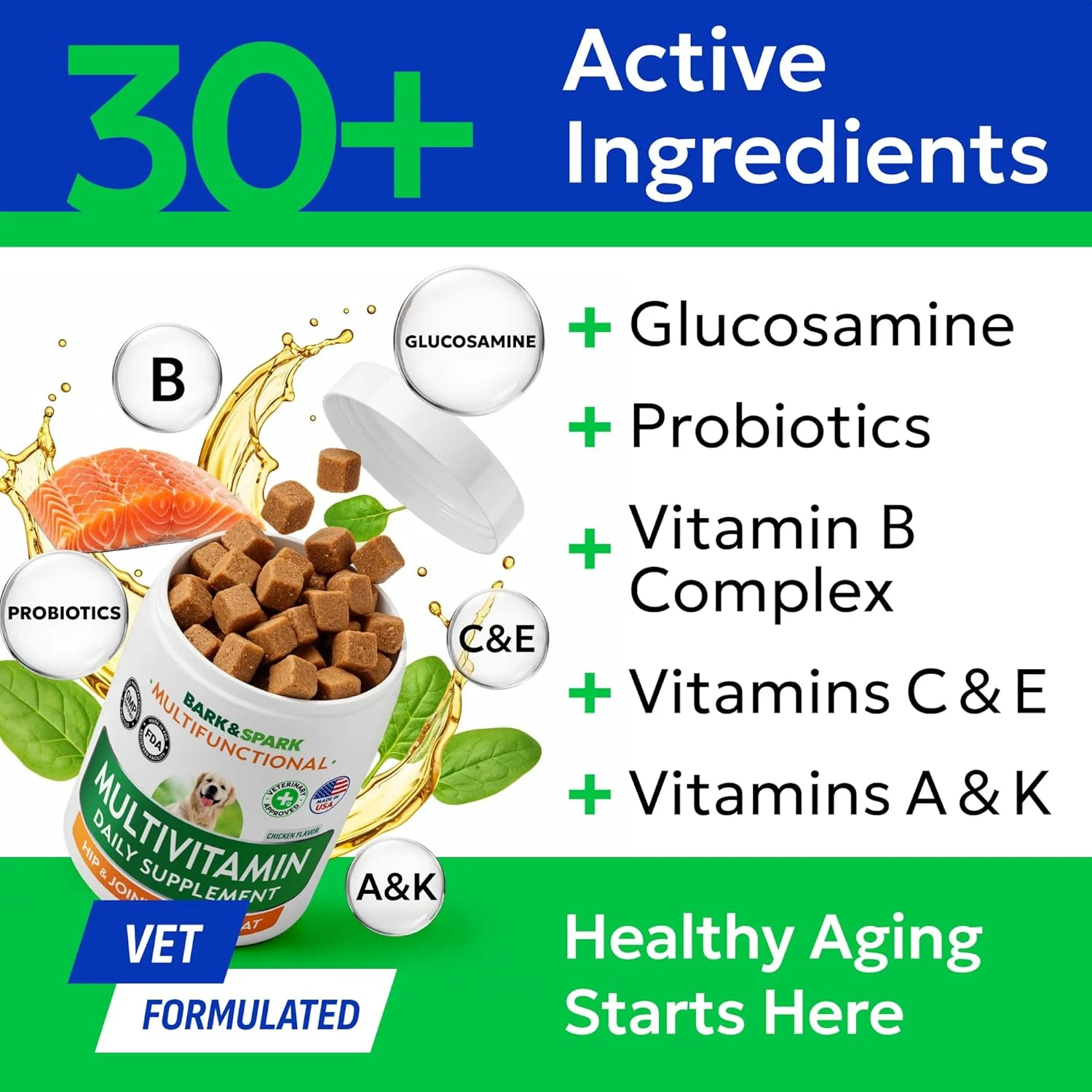 ویتامین ها و مکمل های سگ BARK&SPARK - تشویقی های جویدنی مولتی ویتامین برای سگ ها - گلوکزامین کندرویتین برای حمایت از مفاصل + امگا برای پوست و مو + پروبیوتیک ها - مولتی ویتامین برای سلامتی - 120 عدد