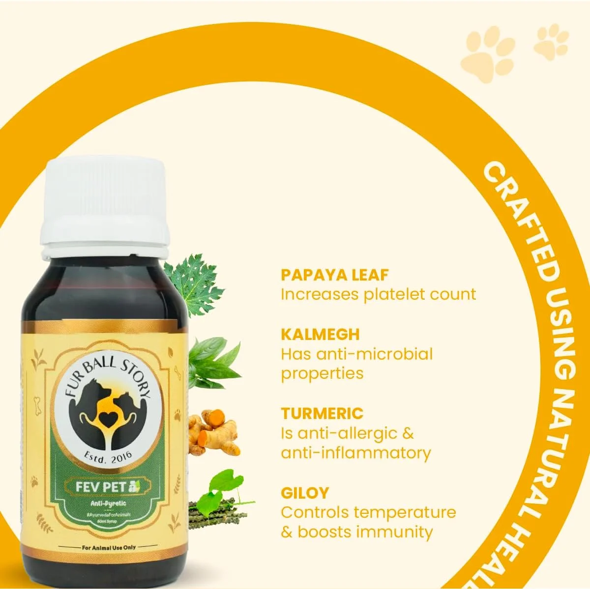 فور بال استوری Fev Pet 60ml | شربت تب بر آیورودیک برای سگ و گربه | کاهش تب، سرفه، سرماخوردگی، درد بدن | کنترل عفونت های ویروسی | تقویت کننده سیستم ایمنی | توصیه شده توسط دامپزشکان