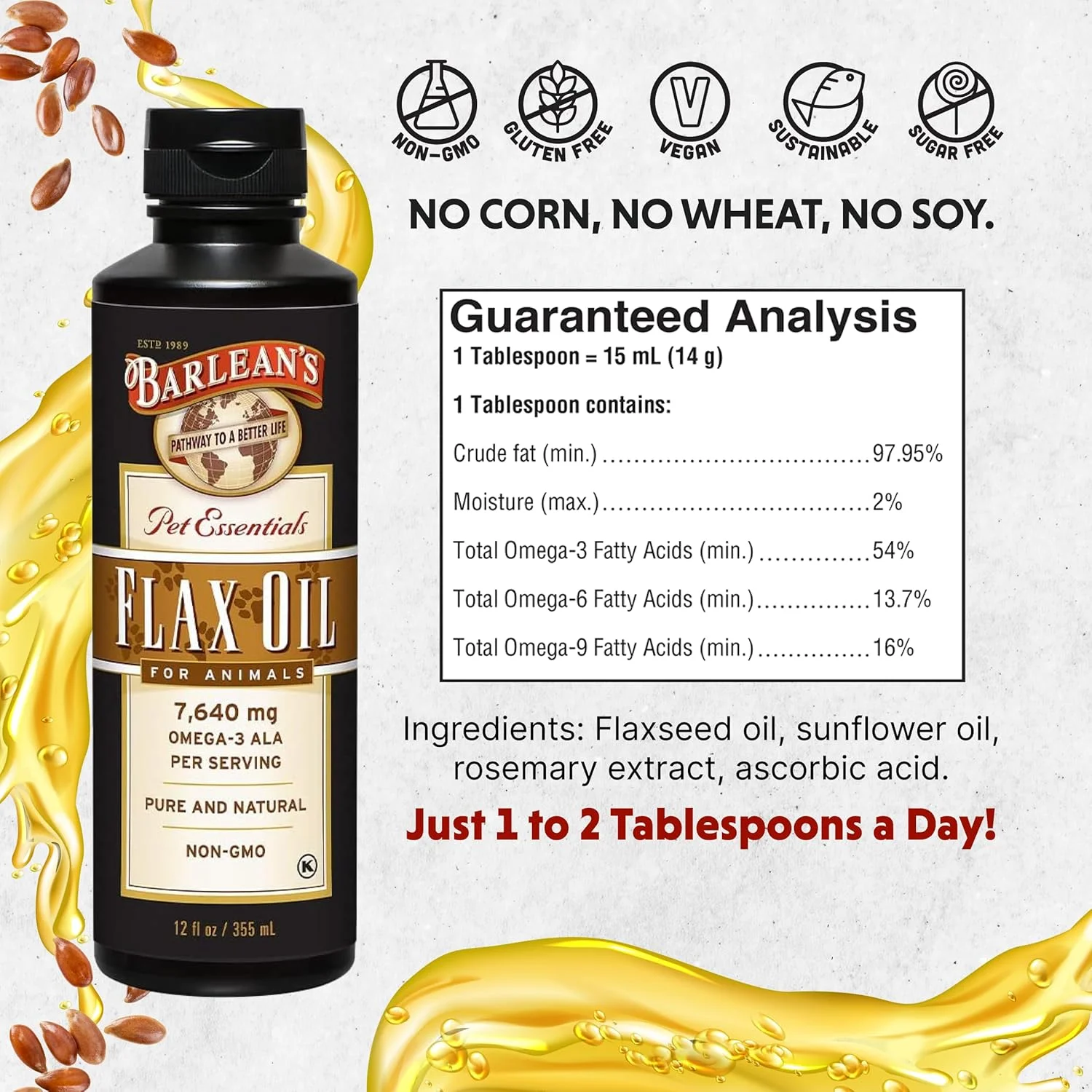 روغن بذر کتان بارلینز مخصوص حیوانات، مکمل روغن امگا 3 ضروری مایع برای گربه و سگ، مکمل روغن برای پوست و مو، امگا 3 برای سگ، گربه و سایر حیوانات خانگی، 355 میلی لیتر
