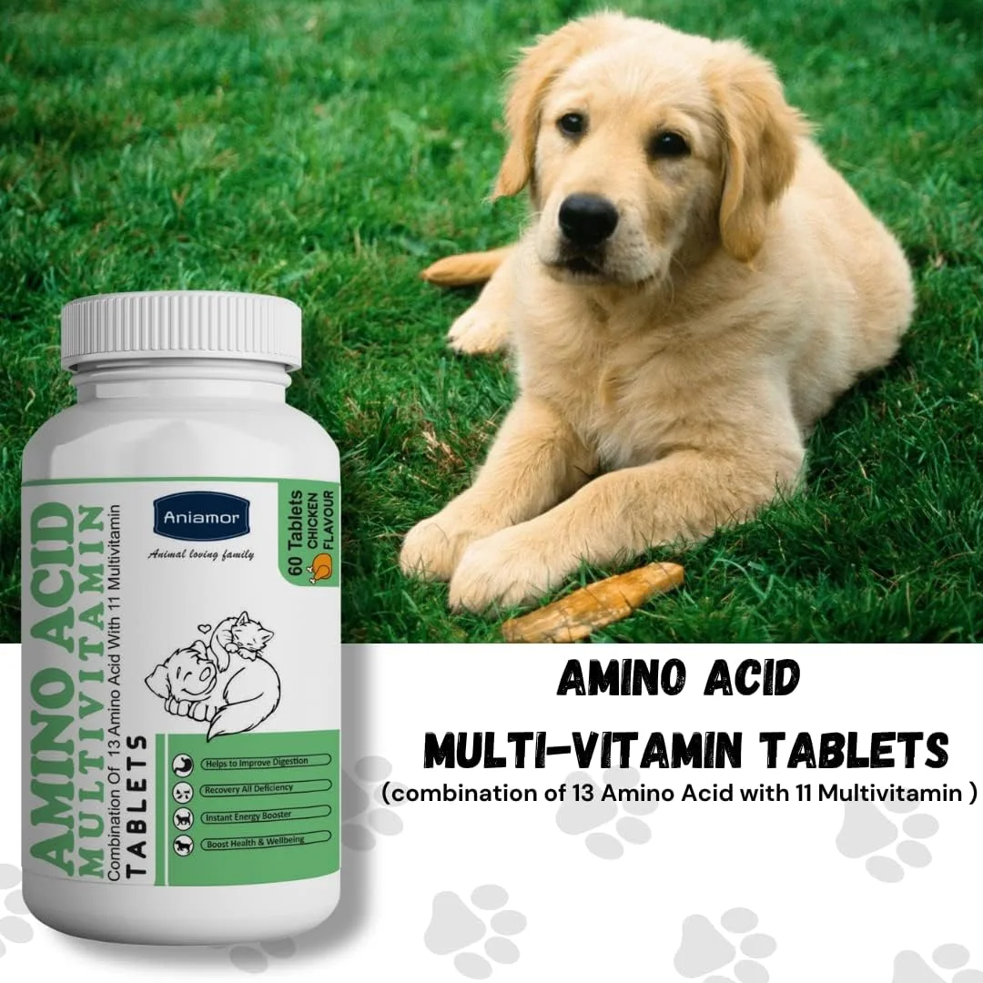 قرص های مولتی ویتامین آمینو اسید Aniamor برای سگ و گربه | کمک به متابولیسم و ​​ایمنی | مکمل سگ و گربه | طعم مرغ | برای تمام مراحل زندگی | 60 قرص