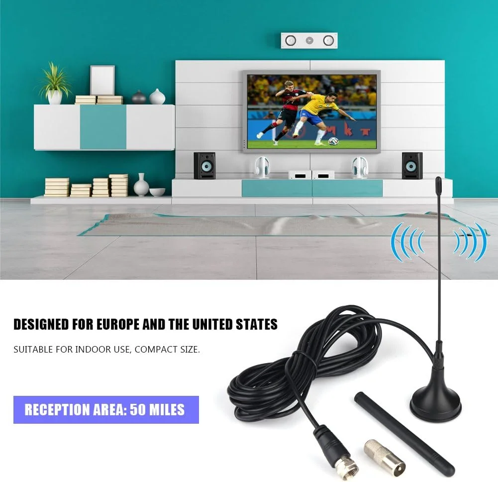 آنتن تلویزیون، آنتن دوگانه HD داخلی 50 مایل با مبدل IEC، آنتن تقویت شده تلویزیون با پایه مغناطیسی، برای ATSC/DVBT/DVB2/ISDB