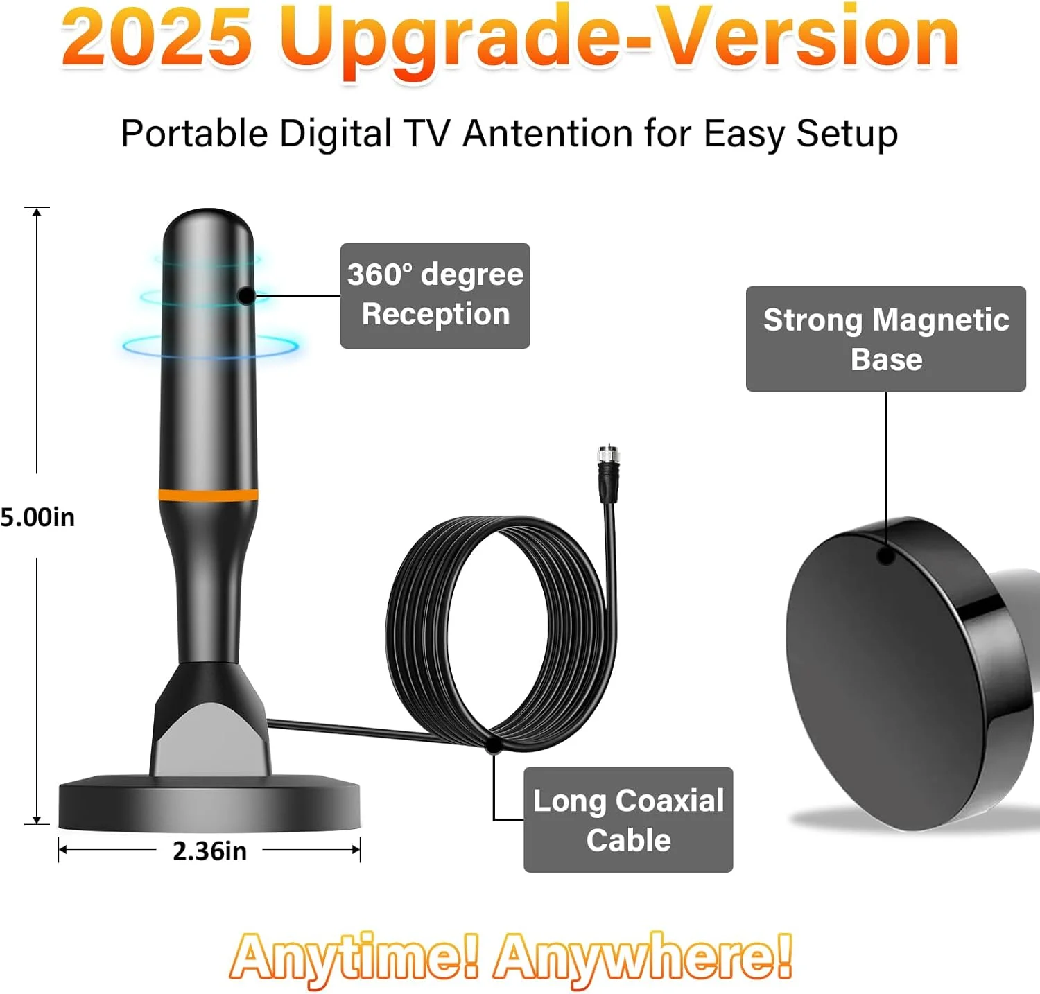 آنتن تلویزیون داخلی، آنتن دیجیتال برای تلویزیون هوشمند، آنتن تلویزیون برای کانال های محلی داخلی، کانال های 4K 1080P آنتن HDTV با پایه مغناطیسی قوی، آنتن های HD داخلی برای تلویزیون بدون کابل