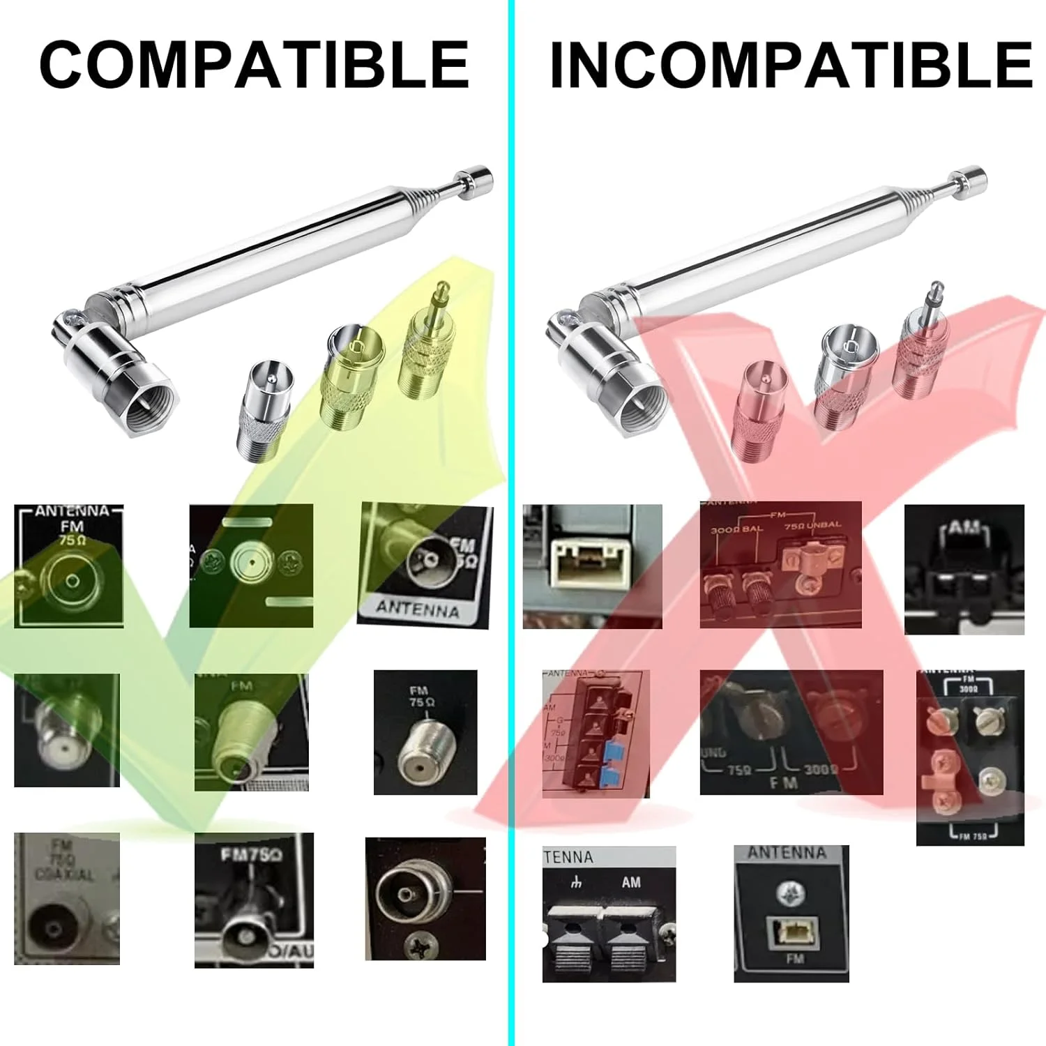 آنتن رادیو FM آنکیبل، آنتن تلسکوپی FM داخلی 75 اهم با کانکتور نری نوع F به همراه آداپتور برای رادیوهای رومیزی، سیستم استریو HiFi AV و مینی سیستم