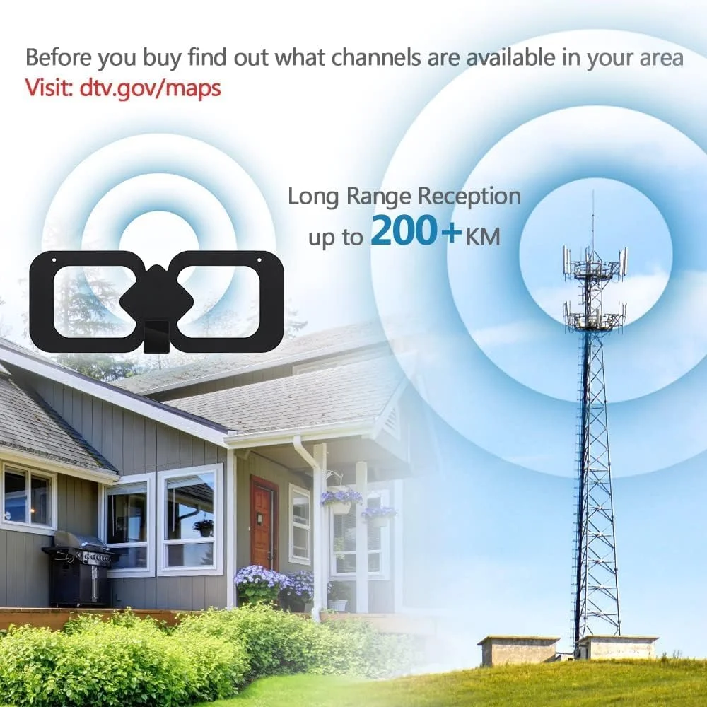 آنتن تلویزیون، آنتن دیجیتال HD تقویت شده تلویزیون با برد طولانی 200+ مایل، پشتیبانی از تلویزیون هوشمند و تمام تلویزیون های قدیمی با کیفیت 4K 1080p برای تمام تلویزیون های داخلی، و کابل کواکسیال 13.3FT