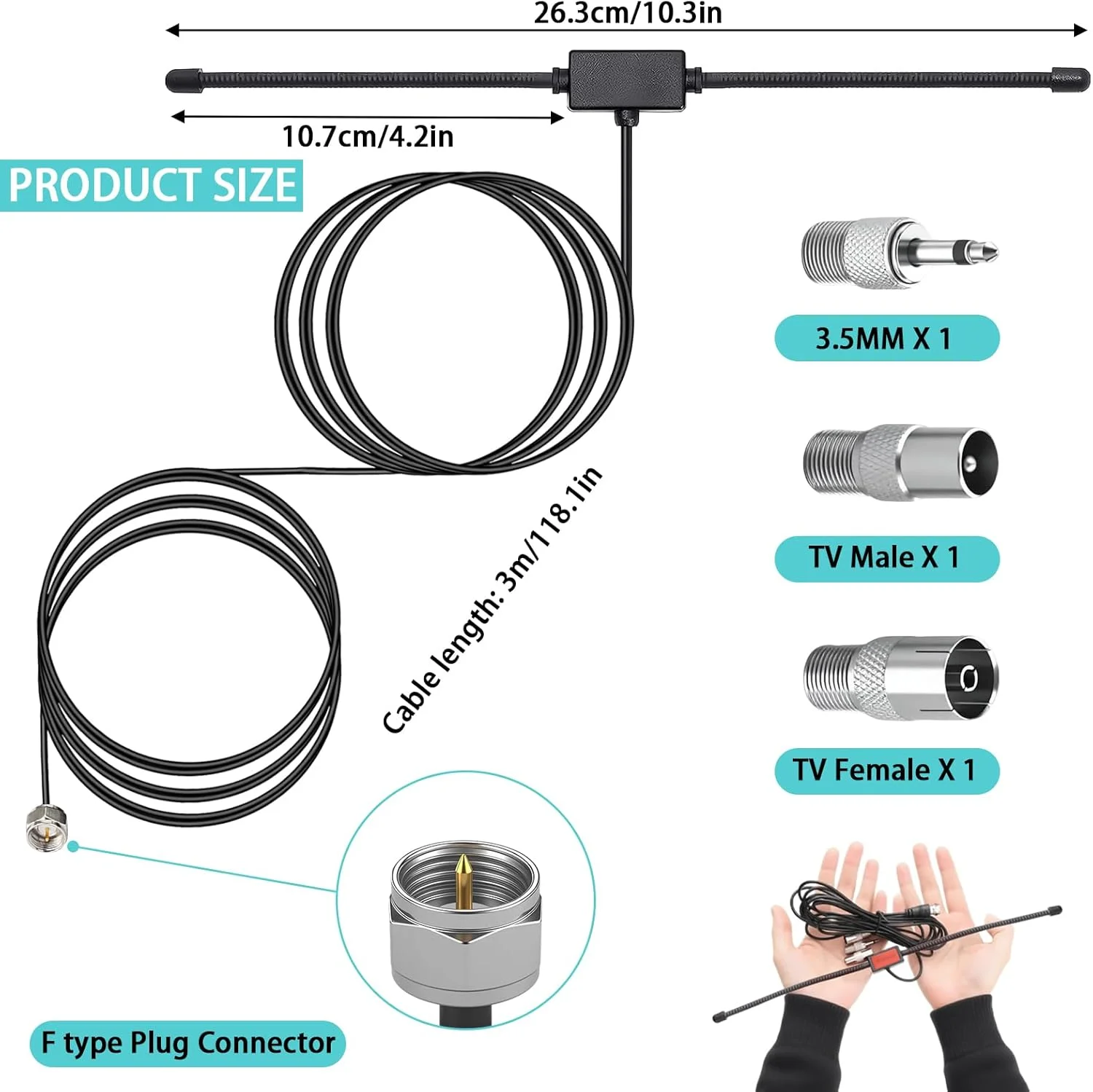 آنتن رادیویی AMTAM DAB FM، آنتن دوقطبی FM با کابل توسعه 3 متری برای تیونر رادیویی قابل حمل، گیرنده استریو، گیرنده AV، آمپلی فایر، گیرنده HiFi، سیستم موسیقی داخلی Pioneer Onkyo Yamaha Marantz Bose