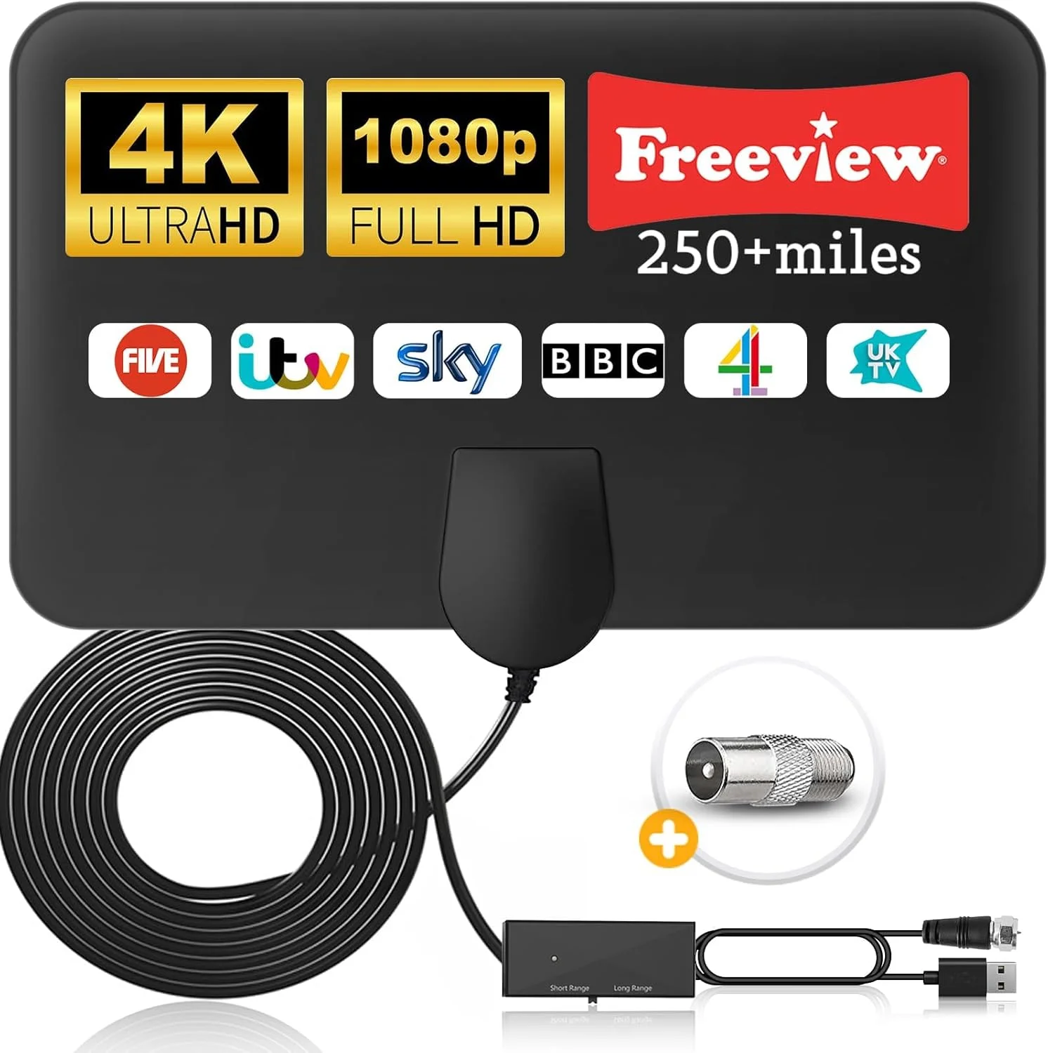 آنتن تلویزیون داخلی تقویت شده هوشمند دیجیتال 4K 1080p با برد بلند 250+ مایل - پشتیبانی از تمام تلویزیون های قدیمی با اتصال تقویت کننده برای کانال های رایگان