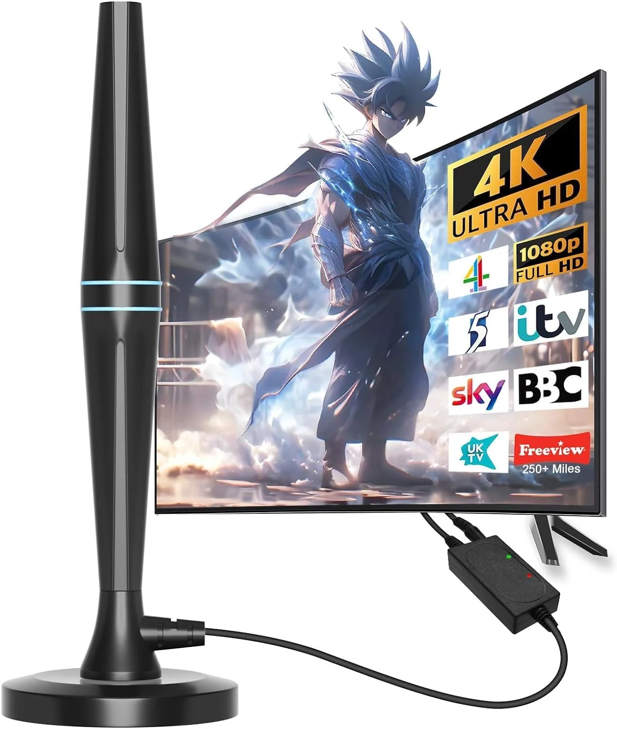 آنتن تلویزیون داخلی تقویت شده - برای تلویزیون هوشمند و کانال های محلی، پشتیبانی از 4K و HDTV، شامل کابل کواکسیال 4.5 متری