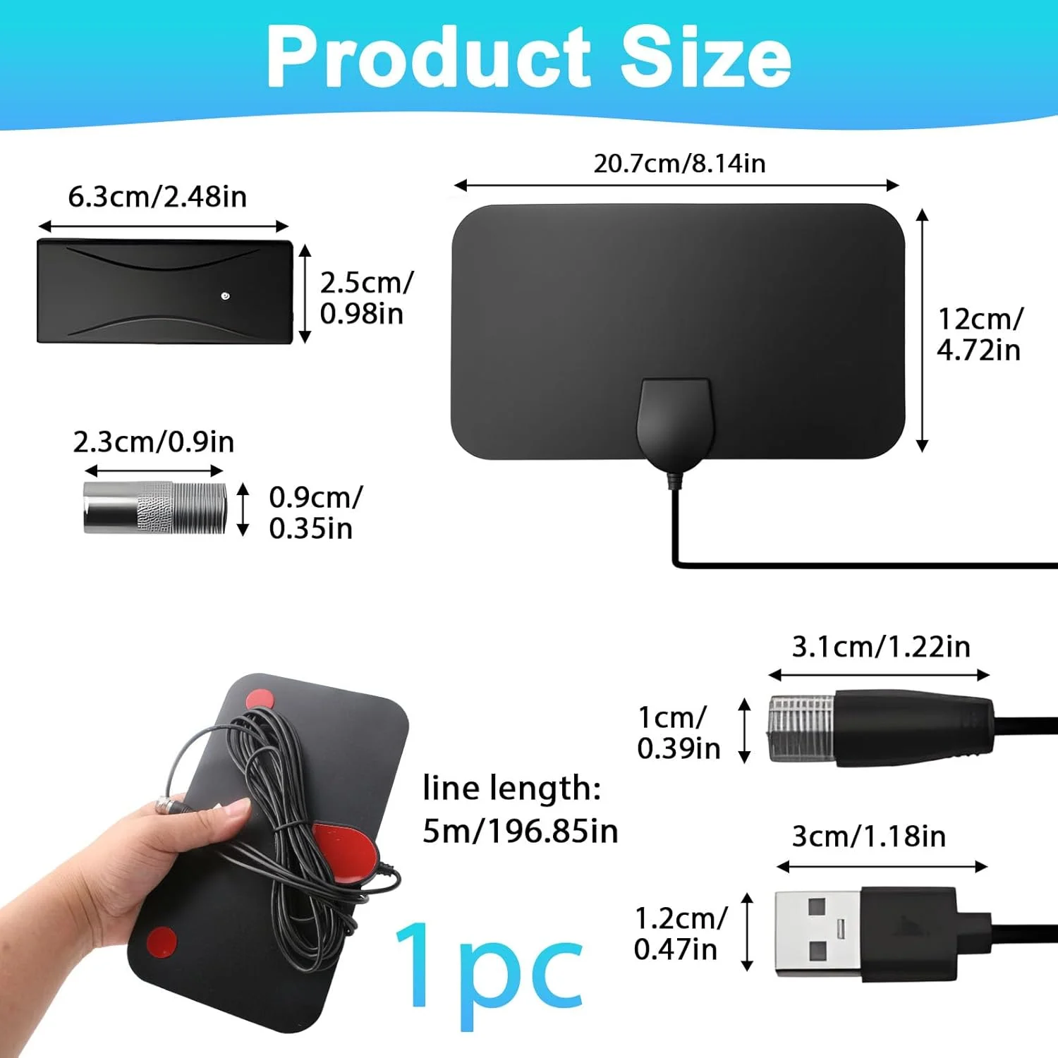 آنتن تلویزیون داخلی با برد بلند 250+ مایل، آنتن HD تقویت شده برای تلویزیون داخلی برای پشتیبانی از Freeview 4K 1080P برای تلویزیون هوشمند، قابل نصب روی دیوار یا پنجره، همراه با کابل کواکسیال 5 متری