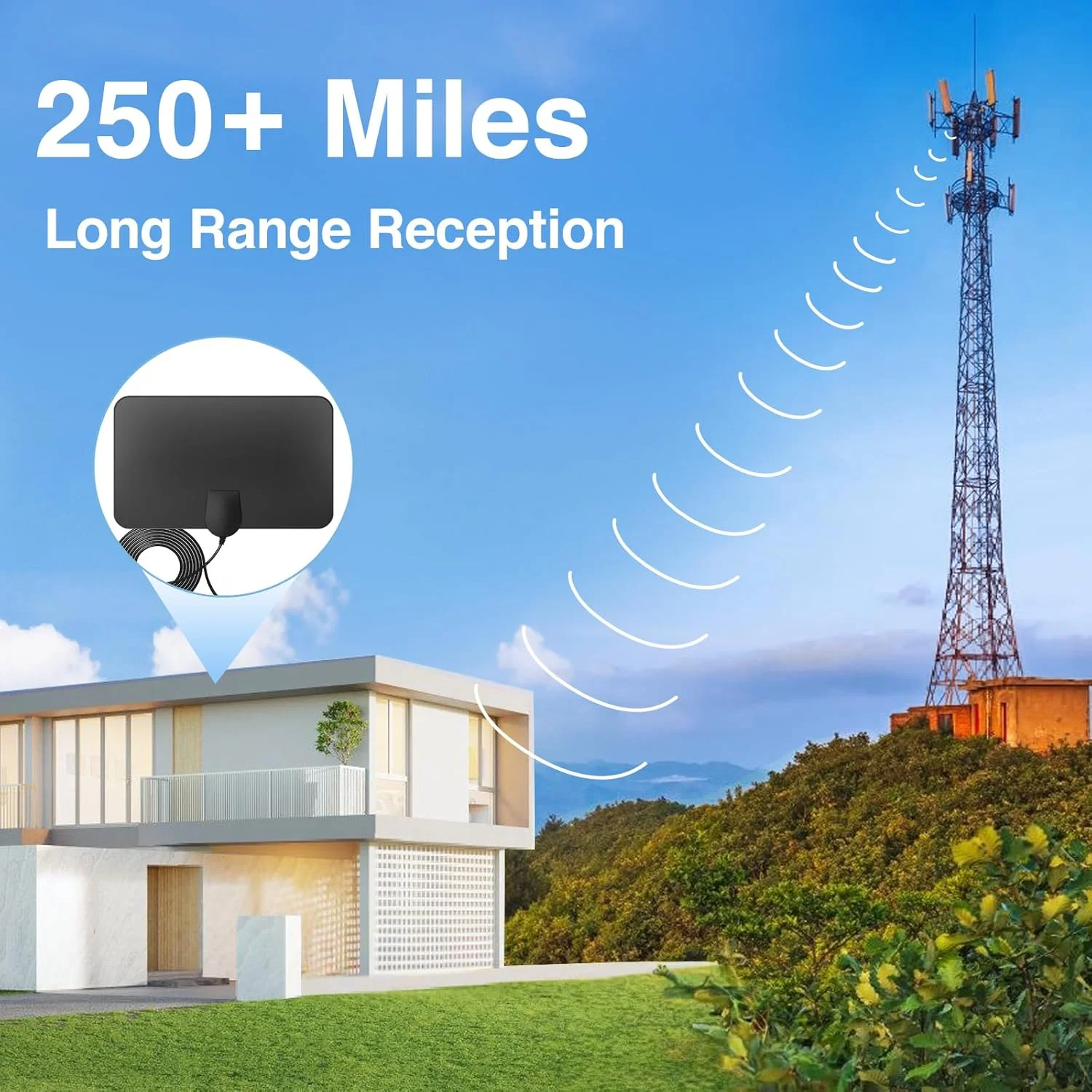 آنتن تلویزیون داخلی تقویت شده هوشمند دیجیتال 4K 1080p با برد بلند 250+ مایل - پشتیبانی از تمام تلویزیون های قدیمی با اتصال تقویت کننده برای کانال های رایگان