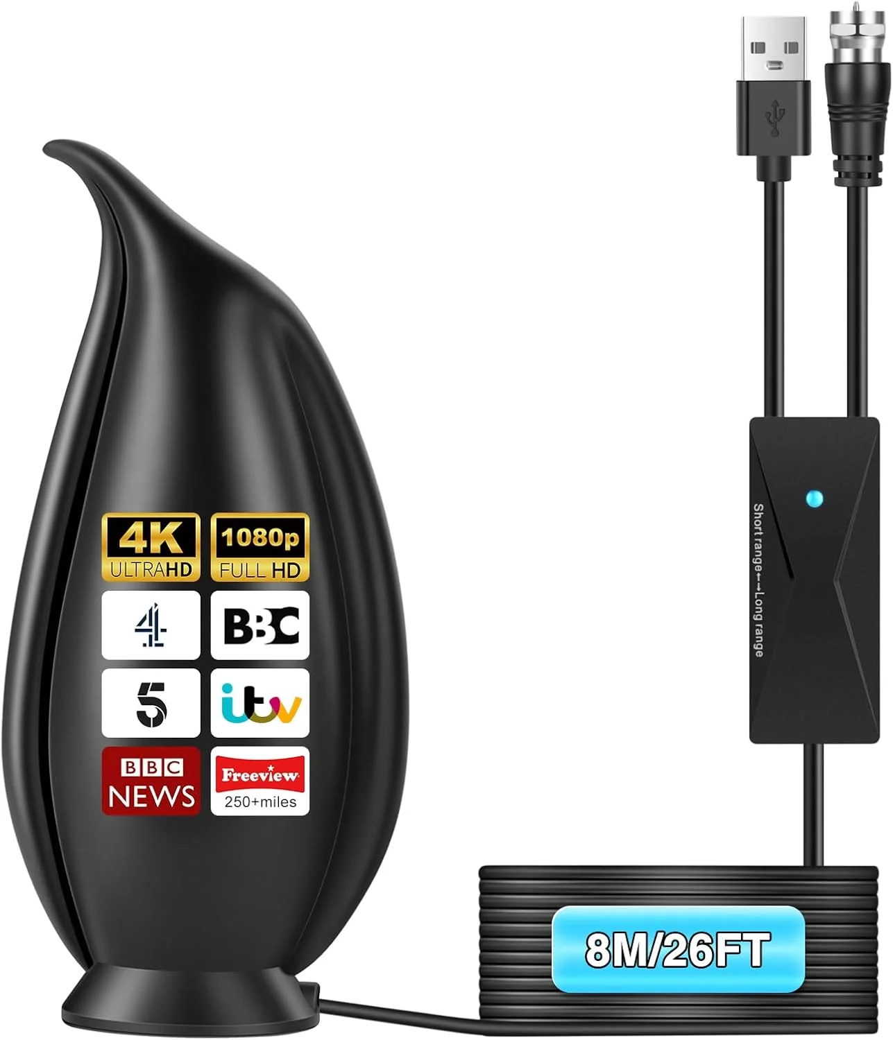 آنتن تلویزیون داخلی HD 4K 1080p مدل 2025 با سیگنال قوی برای تلویزیون هوشمند، آنتن دیجیتال با تقویت کننده، برد بلند تا 1600+ مایل، کابل های 26 فوتی