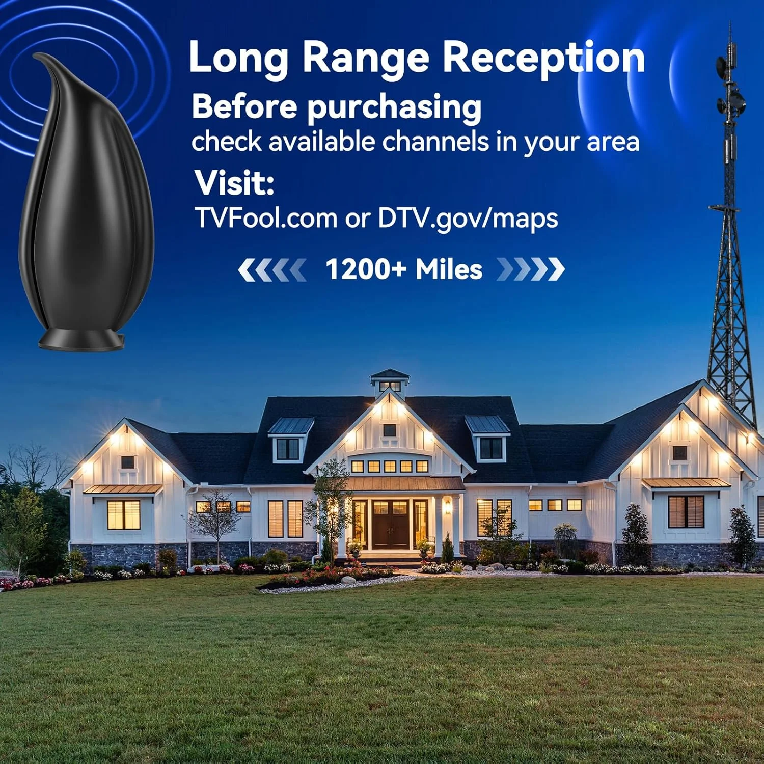 آنتن تلویزیون داخلی HD 4K 1080p مدل 2025 با سیگنال قوی برای تلویزیون هوشمند، آنتن دیجیتال با تقویت کننده، برد بلند تا 1600+ مایل، کابل های 26 فوتی