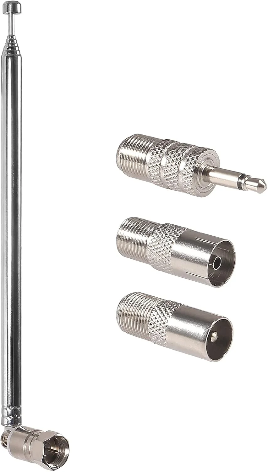 آنتن تلسکوپی FM 75 اهم با پلاگین نری F-Type و 3 عدد کانکتور برای تلویزیون داخلی AM FM رادیو استریو