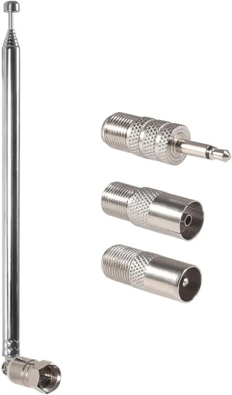 آنتن تلسکوپی FM 75 اهم با پلاگین نر F-Type و 3 عدد کانکتور برای تلویزیون داخلی، رادیو AM FM و گیرنده استریو