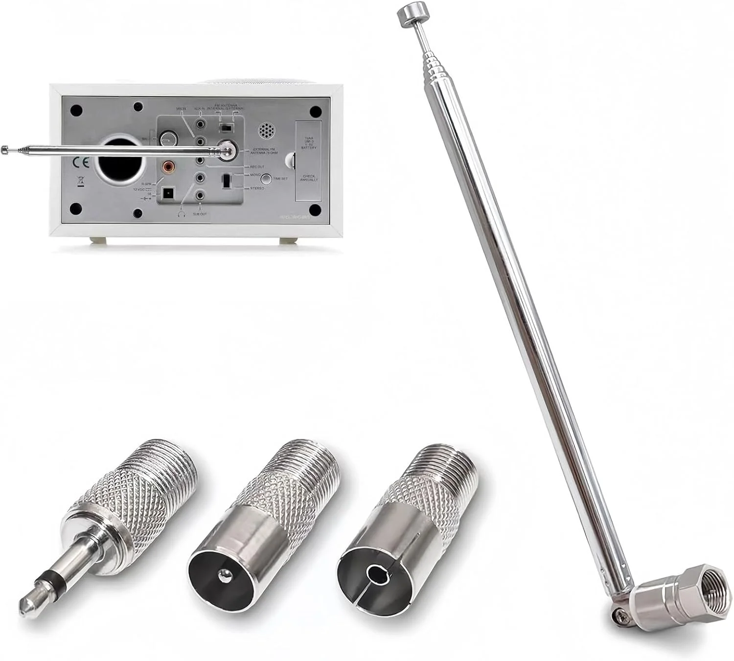 آنتن هوایی داخلی FM، آنتن رادیویی تلسکوپی DAB با 7 بخش 75 سانتی متری، کانکتور نرگی نوع F با 3 آداپتور برای گیرنده استریو HiFi AV، رادیو رومیزی، مینی سیستم (1 ست نقره ای)