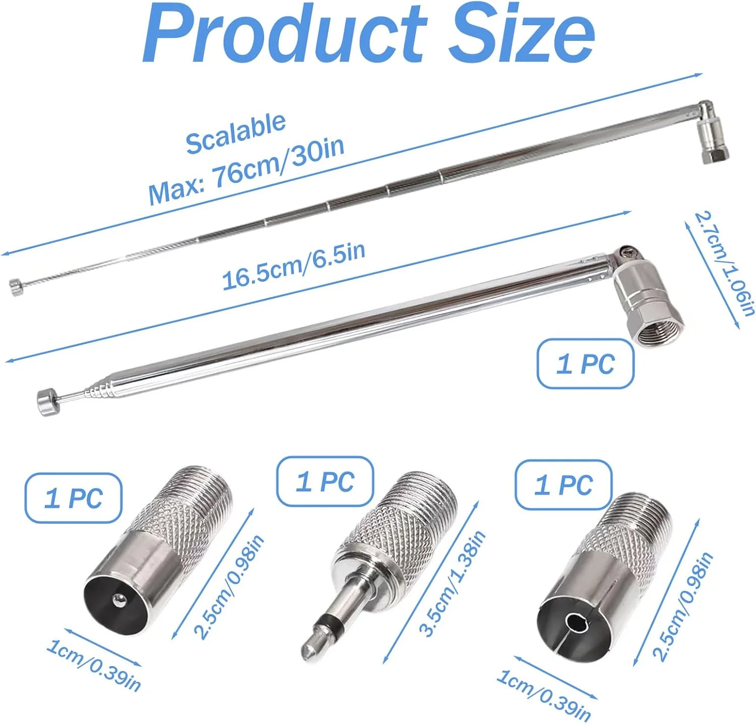 آنتن هوایی داخلی FM، آنتن رادیویی تلسکوپی DAB با 7 بخش 75 سانتی متری، کانکتور نرگی نوع F با 3 آداپتور برای گیرنده استریو HiFi AV، رادیو رومیزی، مینی سیستم (1 ست نقره ای)