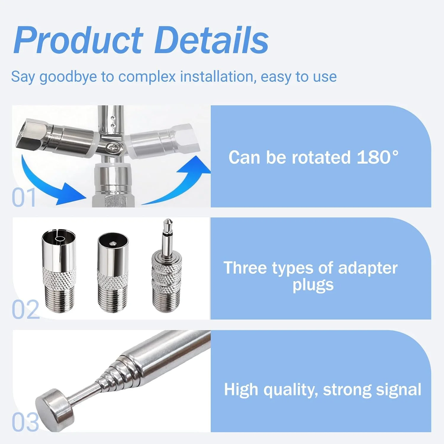 آنتن هوایی داخلی FM، آنتن رادیویی تلسکوپی DAB با 7 بخش 75 سانتی متری، کانکتور نرگی نوع F با 3 آداپتور برای گیرنده استریو HiFi AV، رادیو رومیزی، مینی سیستم (1 ست نقره ای)