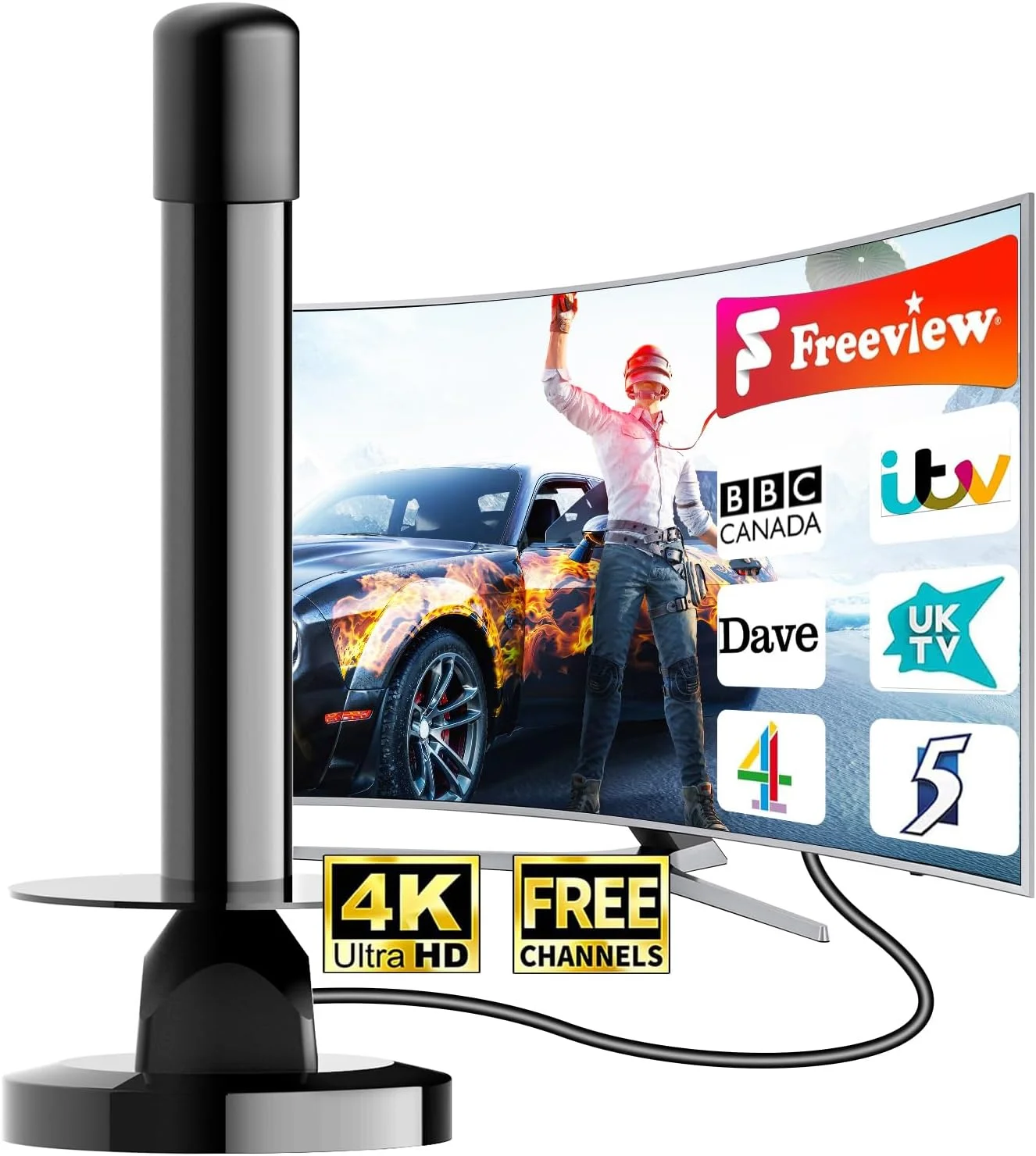 آنتن تلویزیون ارتقا یافته 2025 - آنتن داخلی Freeview با گیرندگی 360 درجه، پایه مغناطیسی و برد بلند 300+ مایل - پشتیبانی از 4K/1080P برای همه تلویزیون ها