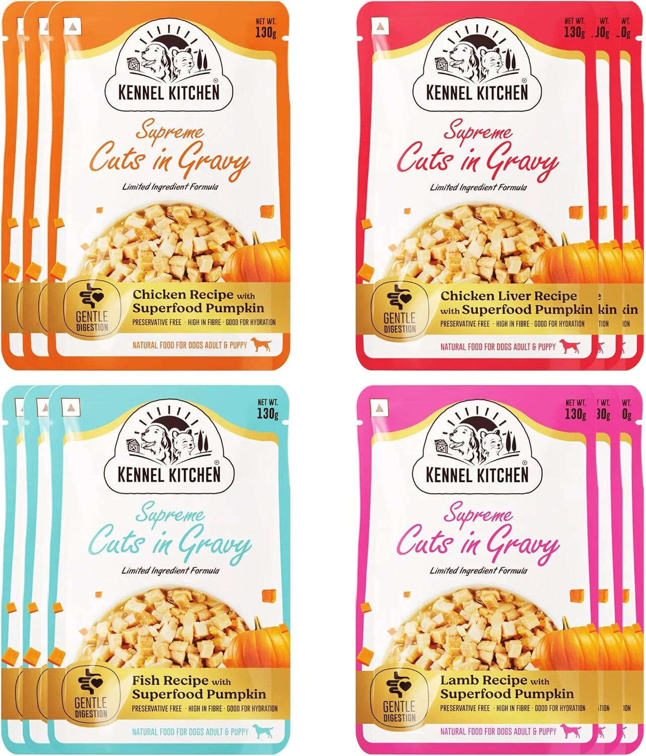 غذای مرطوب سگ Kennel Kitchen برای سگ بالغ و توله سگ، برش های عالی در آب گوشت با کدو تنبل، بسته متنوع، دستور پخت مرغ، جگر مرغ، بره و ماهی، 100 گرم (بسته 12 عددی)