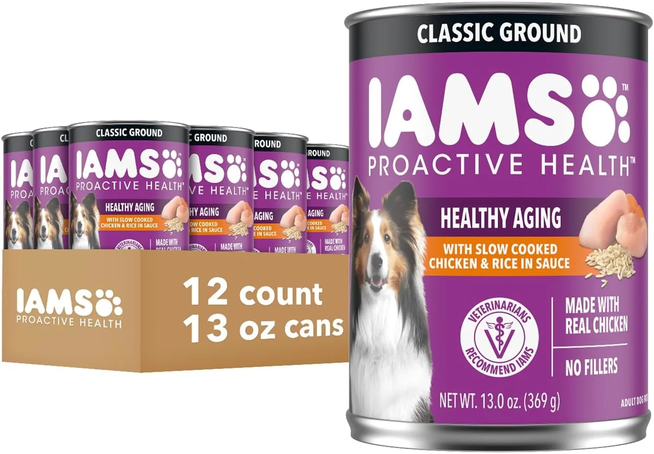 غذای مرطوب سگ مسن IAMS Proactive Health، طعم مرغ پخته شده آرام و برنج، قوطی ۱۳ اونسی، بسته ۱۲ عددی
