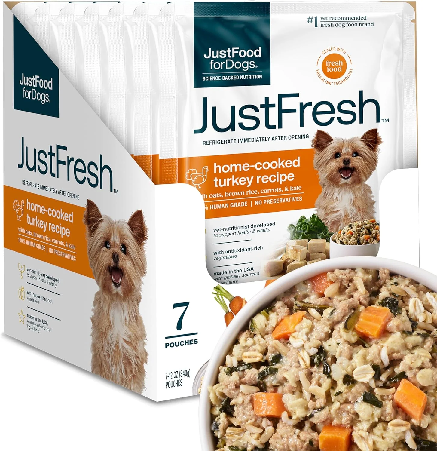 غذای سگ خانگی با طعم بوقلمون JustFoodForDogs JustFresh بدون مواد نگهدارنده، بسته بندی قابل باز و بسته شدن، غذای مرطوب سگ با کیفیت انسانی، 340 گرم - بسته 7 عددی