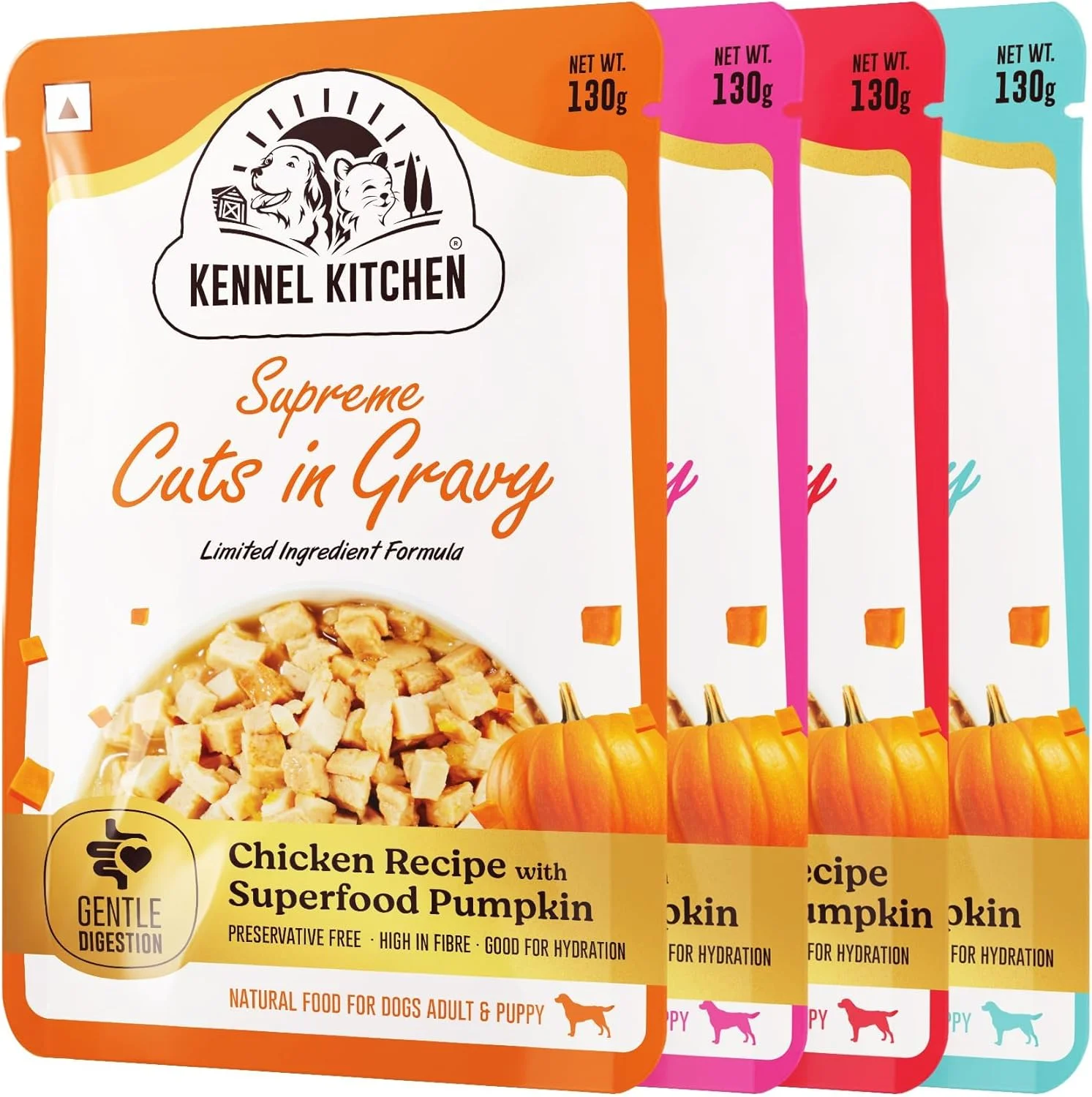 غذای مرطوب سگ کنل کیچن برای سگ بالغ و توله سگ، برش های عالی در آب گوشت با کدو تنبل، بسته متنوع، دستور پخت مرغ، جگر مرغ، بره و ماهی، 100 گرم (بسته 24 عددی)