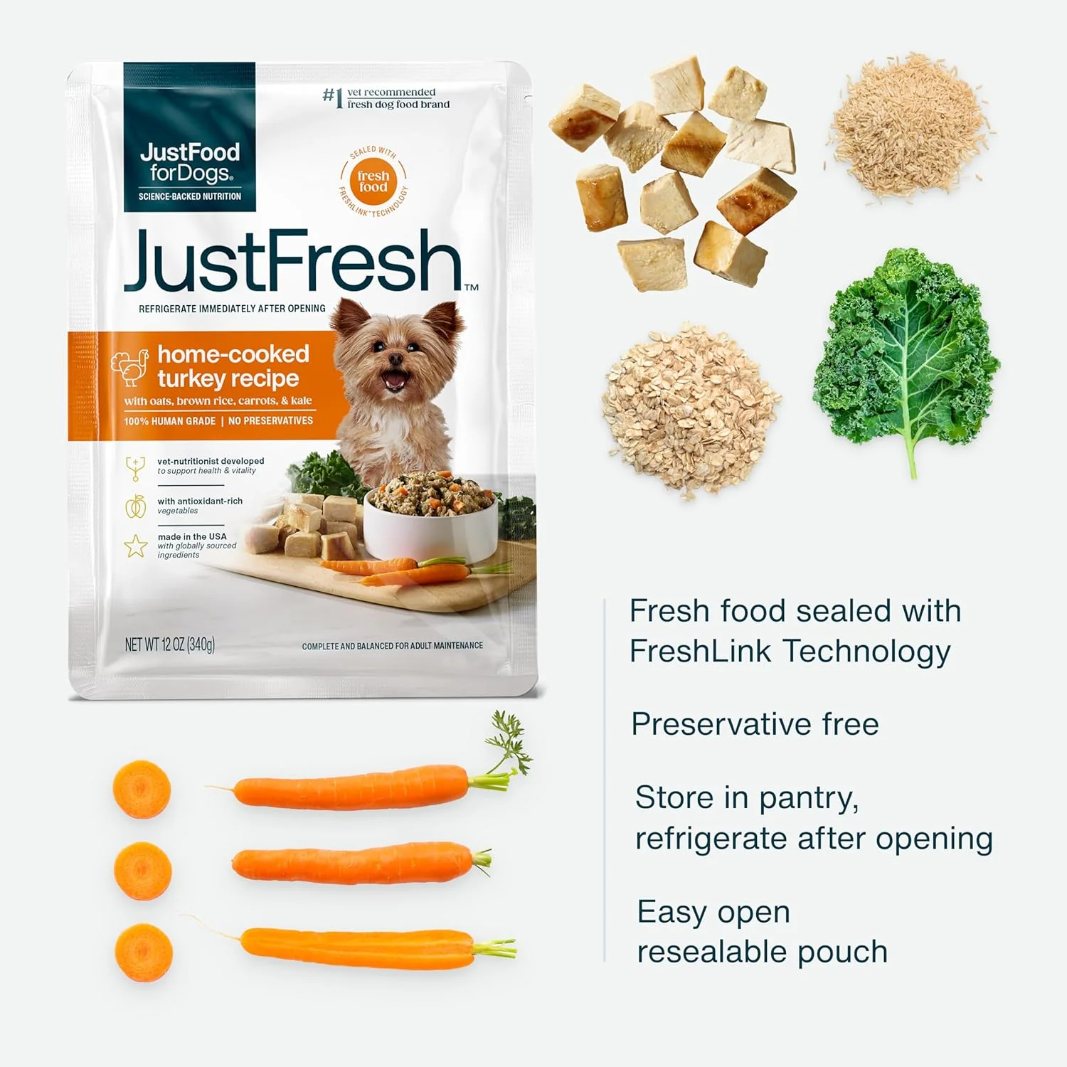 غذای سگ خانگی با طعم بوقلمون JustFoodForDogs JustFresh بدون مواد نگهدارنده، بسته بندی قابل باز و بسته شدن، غذای مرطوب سگ با کیفیت انسانی، 340 گرم - بسته 7 عددی