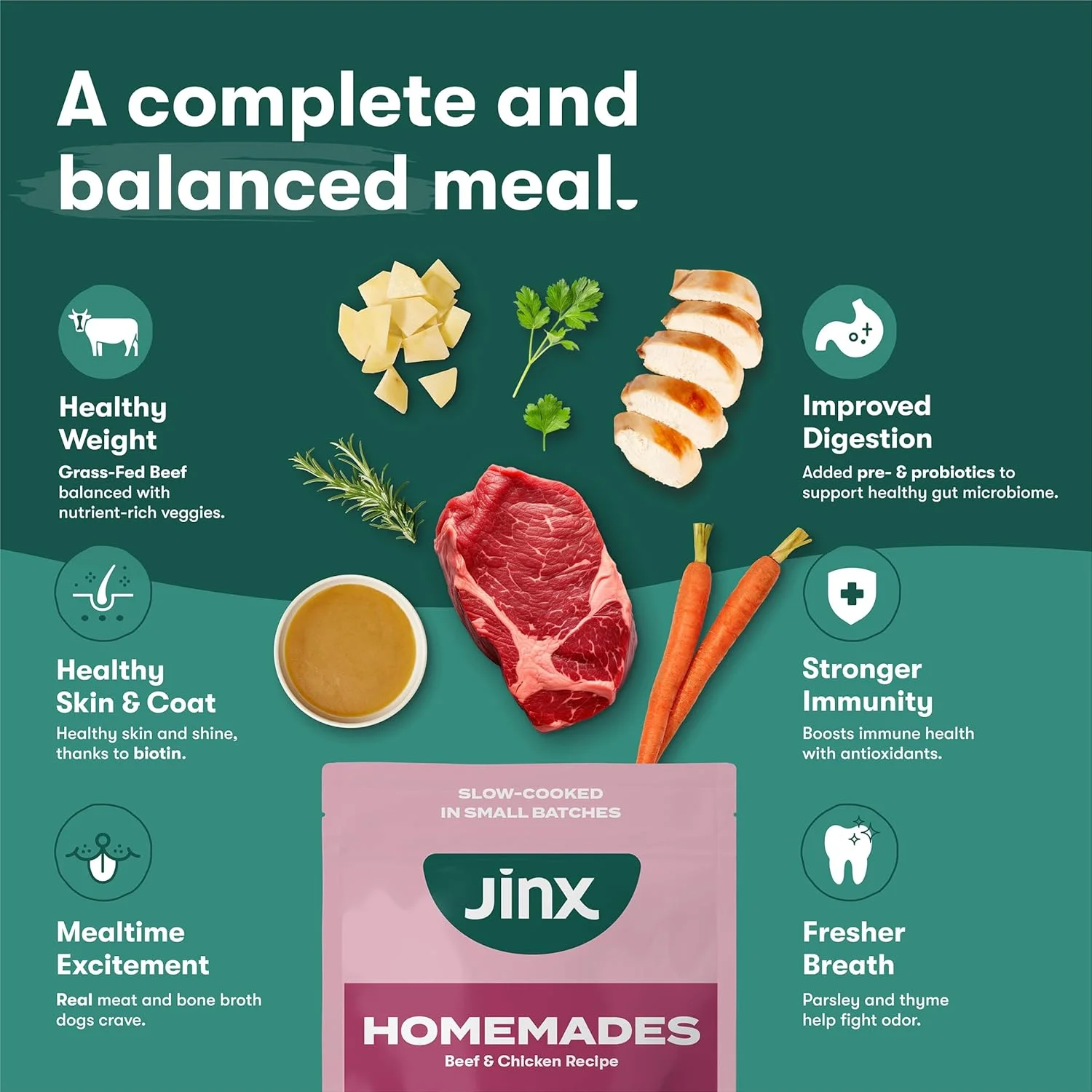 پوچ غذای سگ بدون غلات با طعم گوشت گاو Jinx، قابل استفاده به عنوان غذا یا مخلوط مکمل غذای سگ، تهیه شده با گوشت گاو و مرغ واقعی، آب قلم و برنج قهوه ای، بدون مواد افزودنی، مناسب برای توله سگ، سگ بالغ و مسن، 255 گرم، بسته 6 عددی