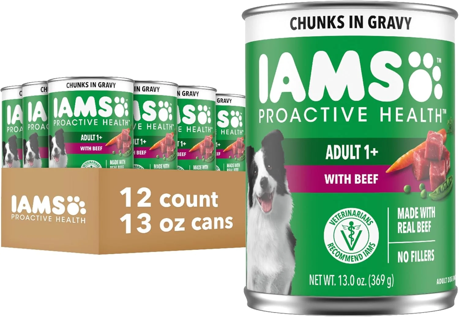 غذای مرطوب سگ بالغ IAMS PROACTIVE HEALTH با تکه های گوشت گاو، برنج، هویج و لوبیا سبز در آب گوشت، (12) قوطی 370 گرمی
