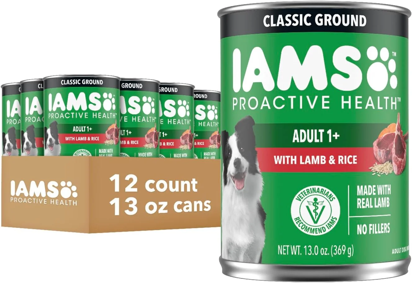 غذای مرطوب سگ بالغ IAMS Proactive Health Classic Ground با طعم بره و برنج، قوطی 370 گرمی، بسته 12 عددی