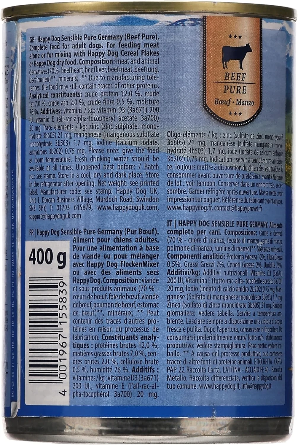 غذای مرطوب سگ هپی داگ، گوشت گاو خالص، 400 گرم