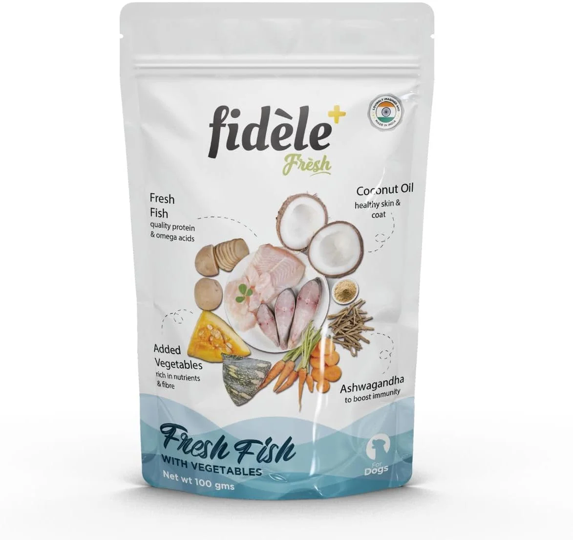 مکمل غذای مرطوب سگ Fidele+ - ماهی تازه با سبزیجات، بسته 12 عددی 100 گرمی | بدون غلات، تقویت کننده طبیعی برای غذای خشک، غذای نرم برای حیوانات خانگی حساس، بدون مواد نگهدارنده