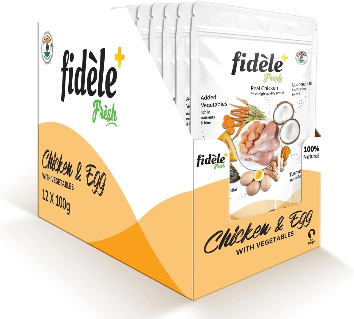 غذای مرطوب سگ فیدل پلاس با طعم مرغ تازه و تخم مرغ به همراه سبزیجات، بسته 12 عددی 100 گرمی + 2 عدد رایگان