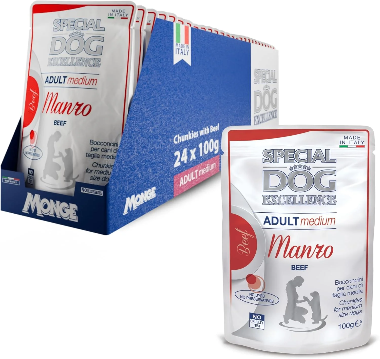 غذای مرطوب سگ بالغ نژاد متوسط Special Dog Excellence by Monge | با تکه های لذیذ گوشت گاو در سس | پشتیبانی از هیدراتاسیون و خوش خوراکی | بسته 24 عددی 100 گرمی | ساخت ایتالیا