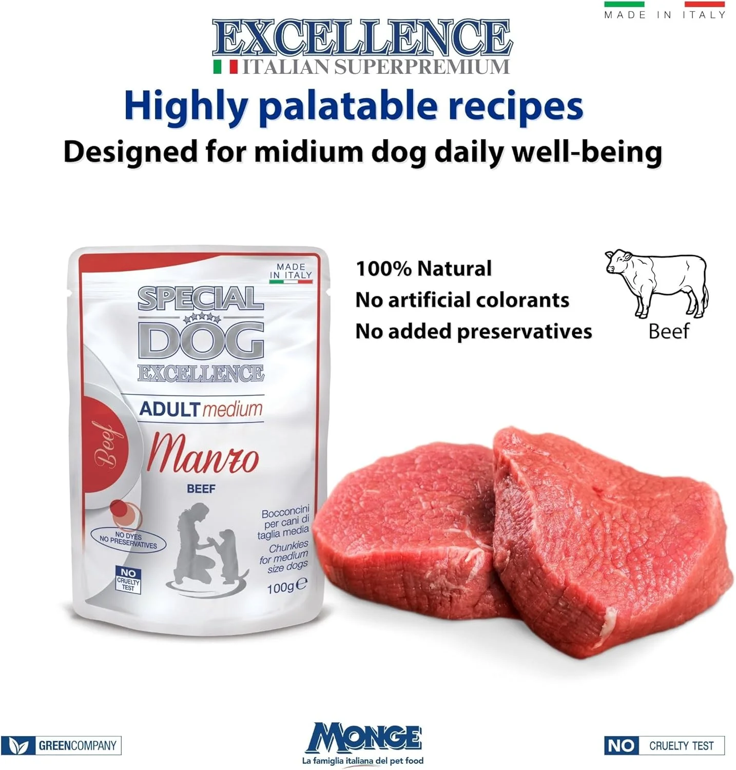 غذای مرطوب سگ بالغ نژاد متوسط Special Dog Excellence by Monge | با تکه های لذیذ گوشت گاو در سس | پشتیبانی از هیدراتاسیون و خوش خوراکی | بسته 24 عددی 100 گرمی | ساخت ایتالیا