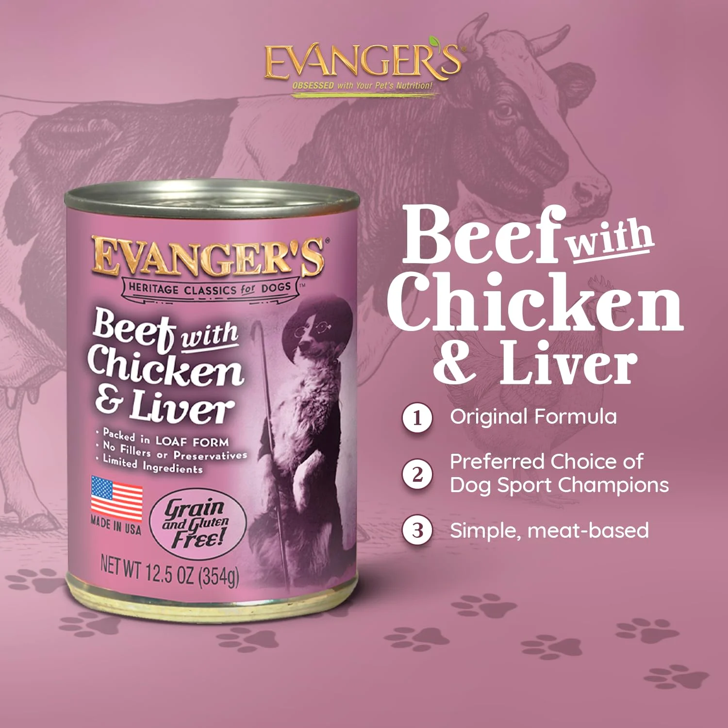 غذای سگ کلاسیک Evanger's Heritage با گوشت گاو، مرغ و جگر - بسته 12 عددی، قوطی 354 گرمی