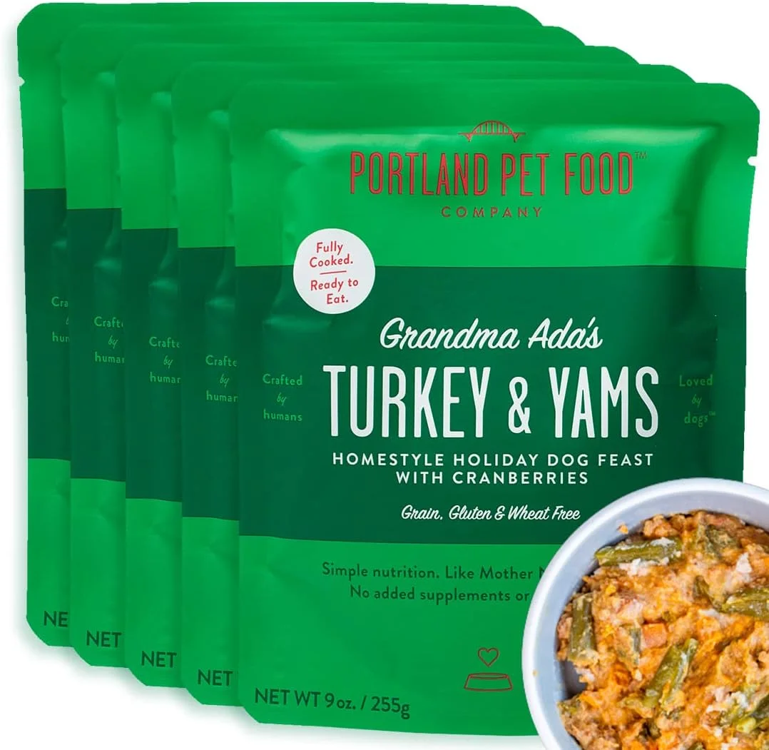 غذای سگ مرطوب بوقلمون و سیب زمینی شیرین مادربزرگ آدا از شرکت غذای حیوانات خانگی پورتلند: مکمل ها، مخلوط ها و غذاهای بدون غلات و با کیفیت انسانی