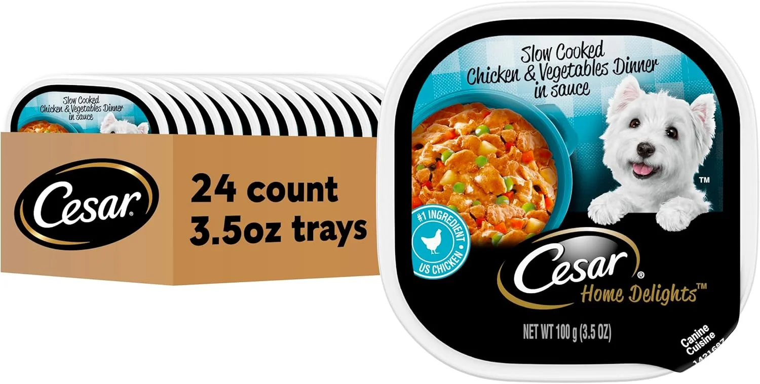 غذای مرطوب سگ بالغ سزار HOME DELIGHTS با طعم مرغ پخته شده آرام و سبزیجات در سس، 100 گرم. بسته 24 عددی