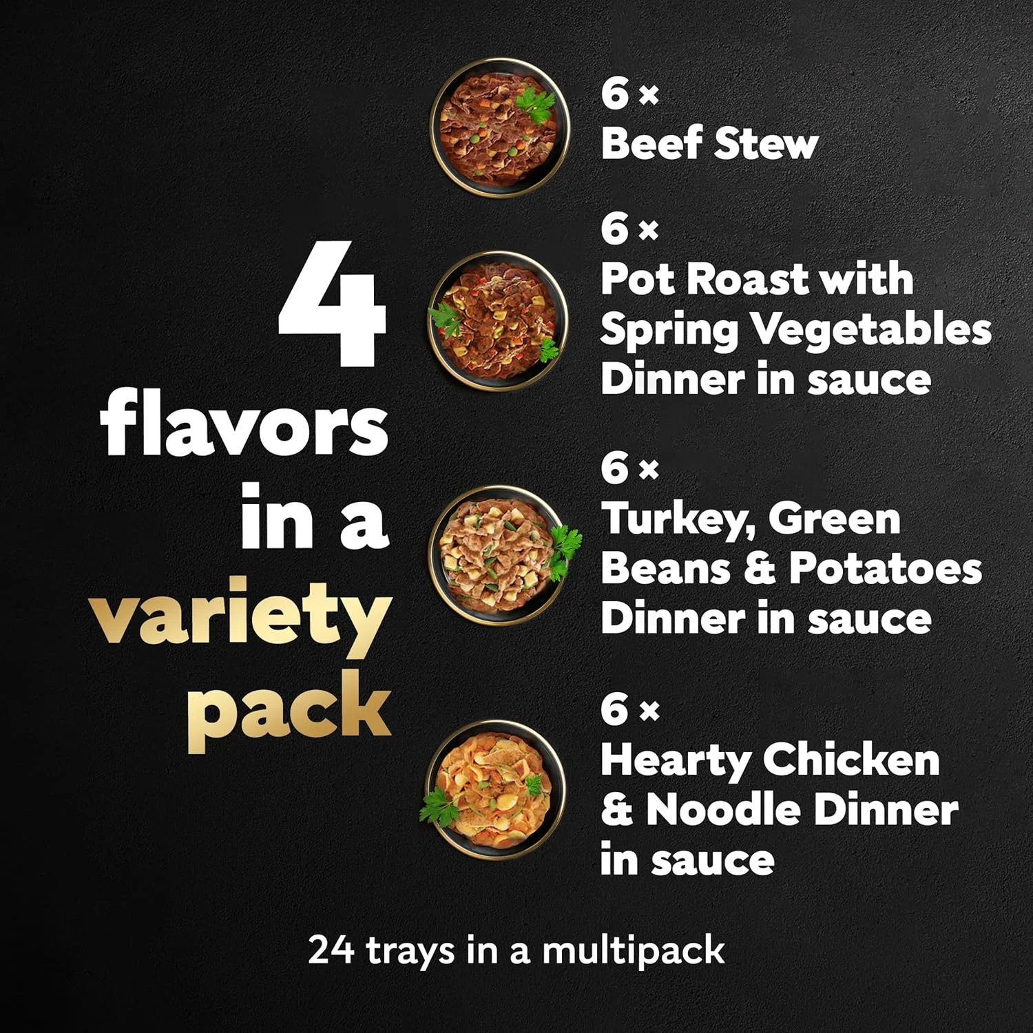 غذای سگ نرم و مرطوب سزار هوم دیلایتز با طعم خوراک گوشت و سبزیجات، آبگوشت گوشت گاو، بوقلمون، سیب زمینی و لوبیا سبز، و مرغ و نودل، بسته متنوع (24) سینی 3.5 اونسی با باز کردن آسان