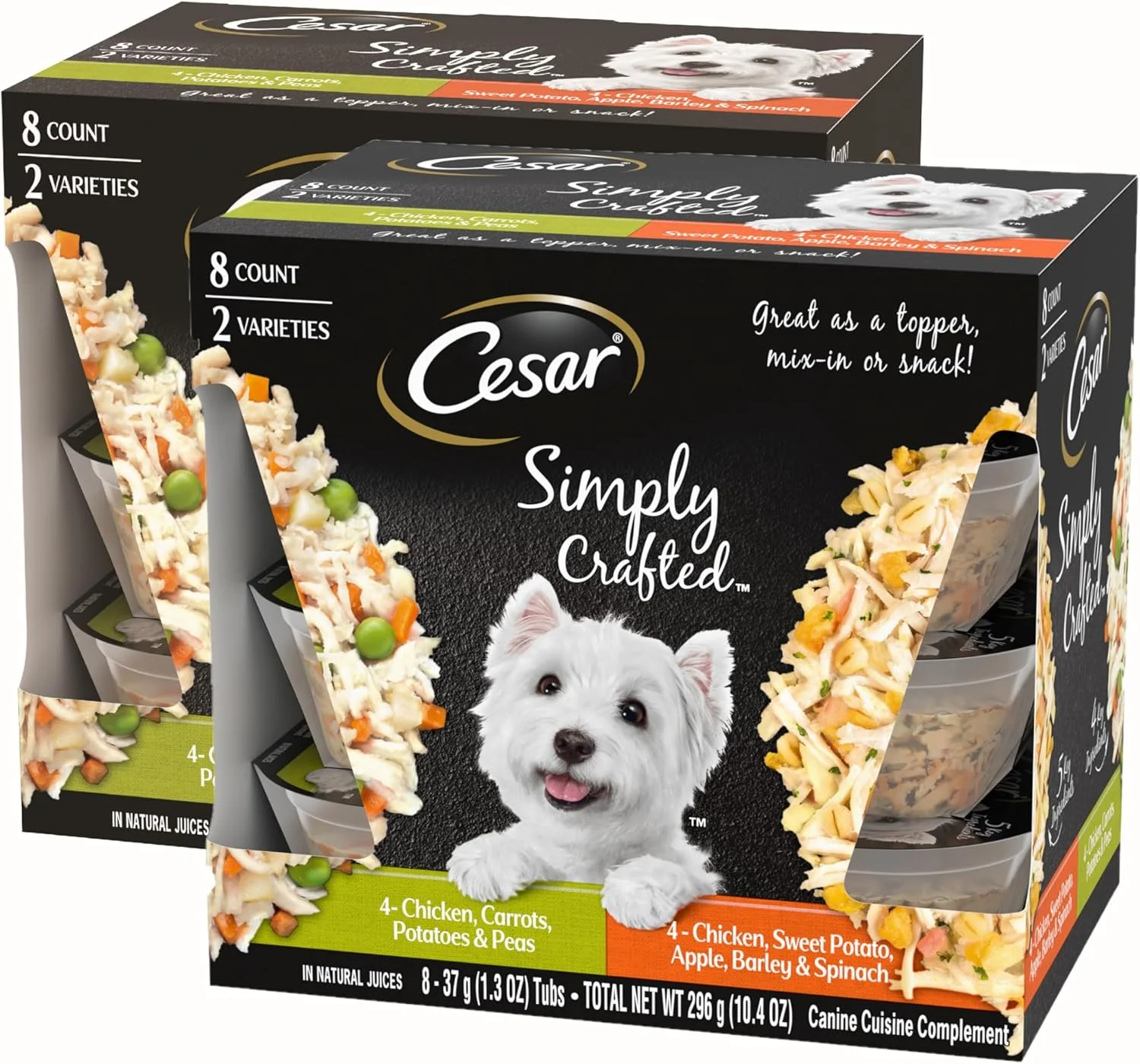 پک متنوع غذای سگ بالغ مرطوب CESAR Simply Crafted، طعم مرغ، هویج، سیب زمینی و نخود فرنگی و مرغ، سیب زمینی شیرین، سیب، جو و اسفناج، (8) وان 37 گرمی